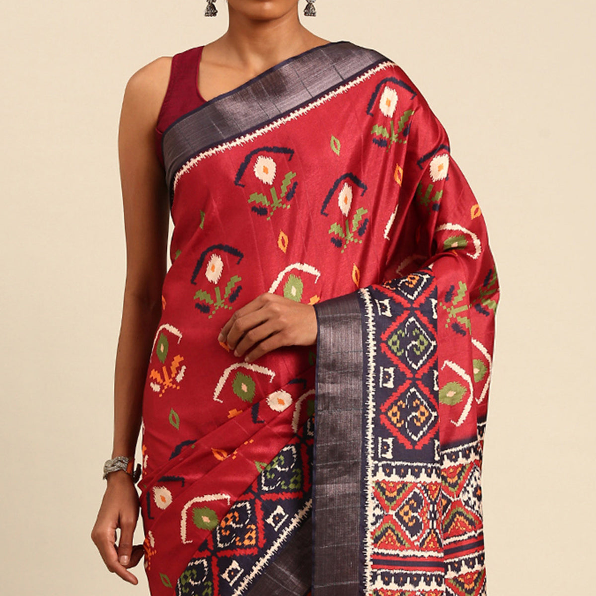 Red Digital Printed Cotton Blend Saree With Woven Border