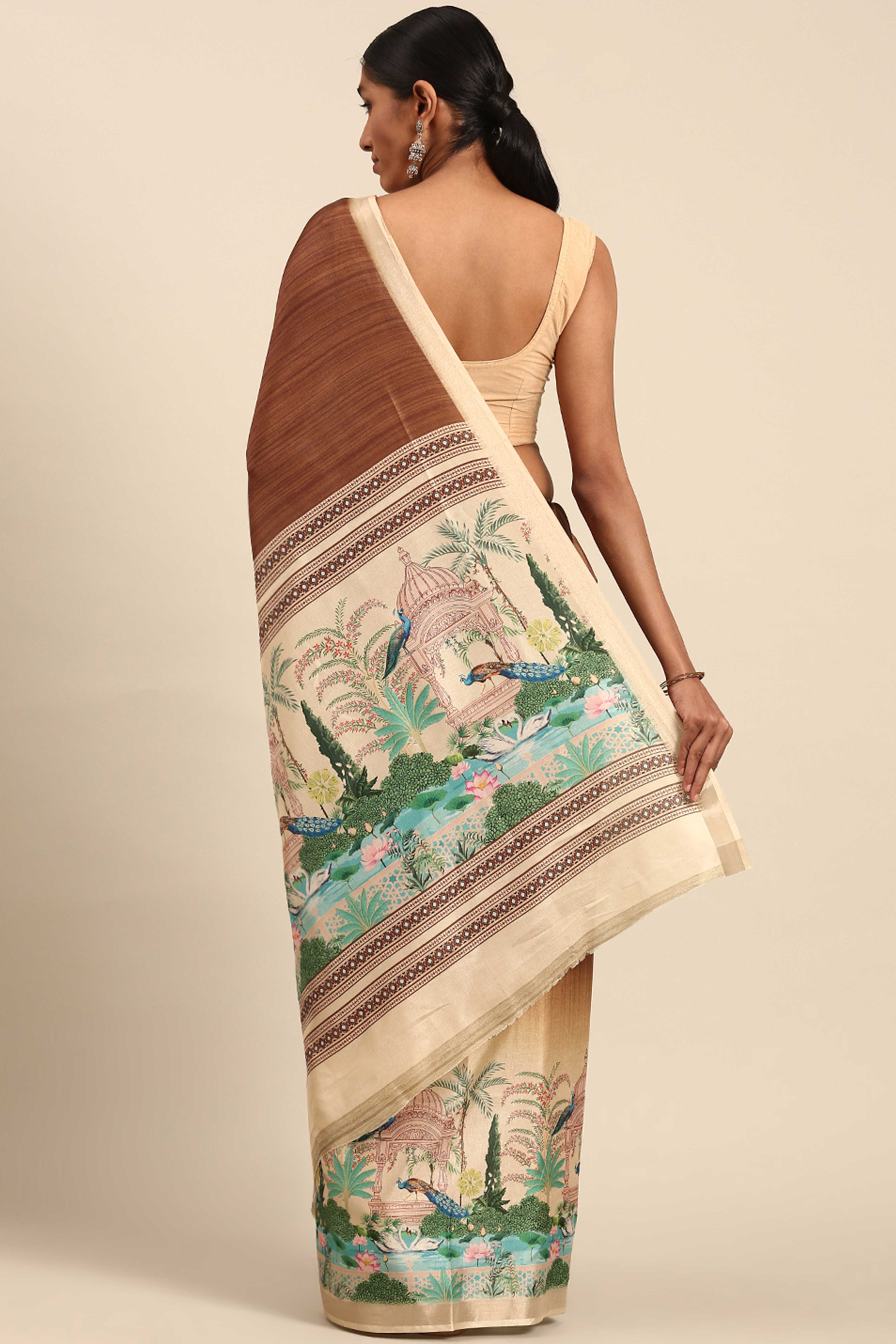 Brown Digital Printed Cotton Silk Saree