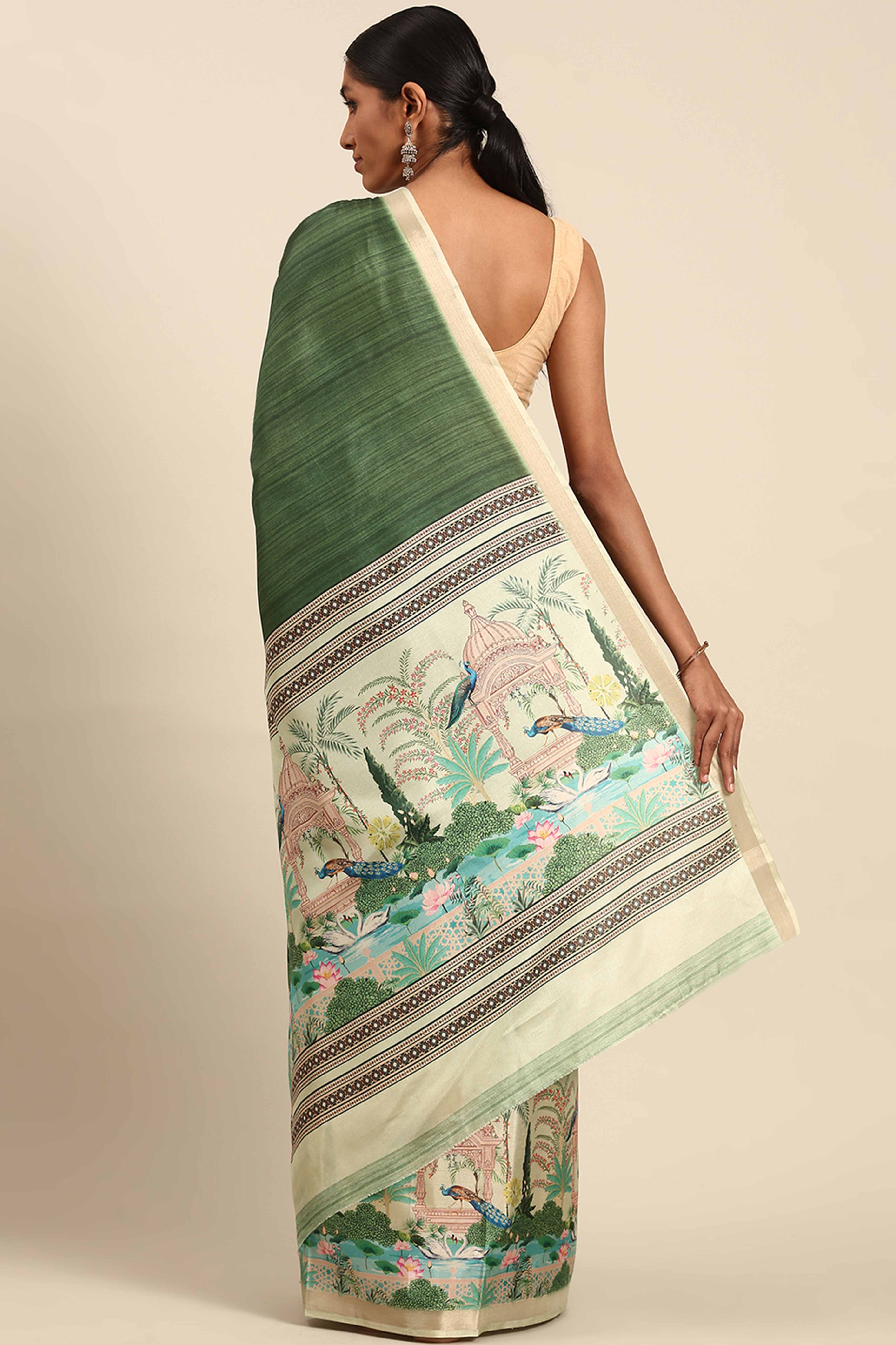 Green Digital Printed Cotton Silk Saree