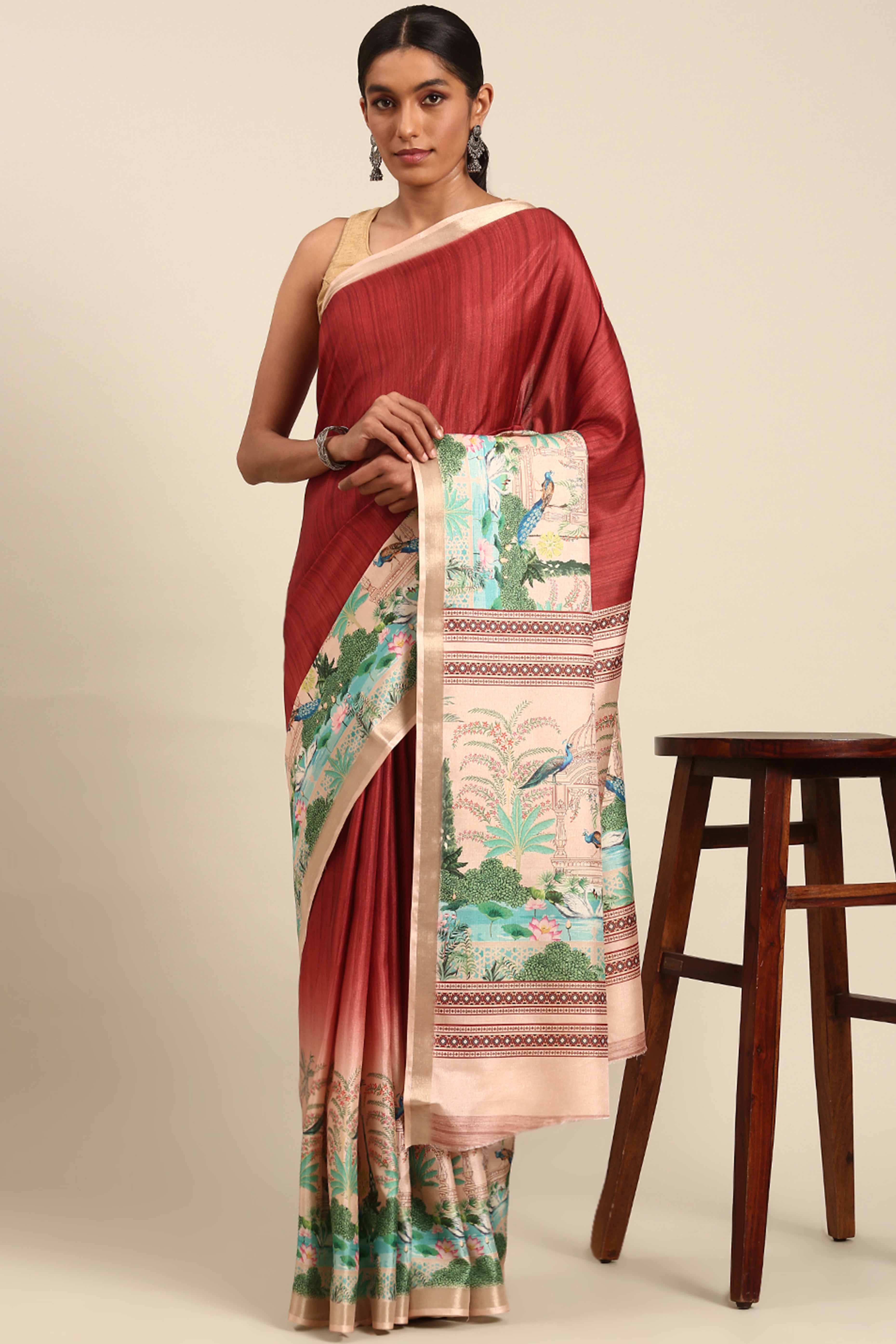 Maroon Digital Printed Cotton Silk Saree