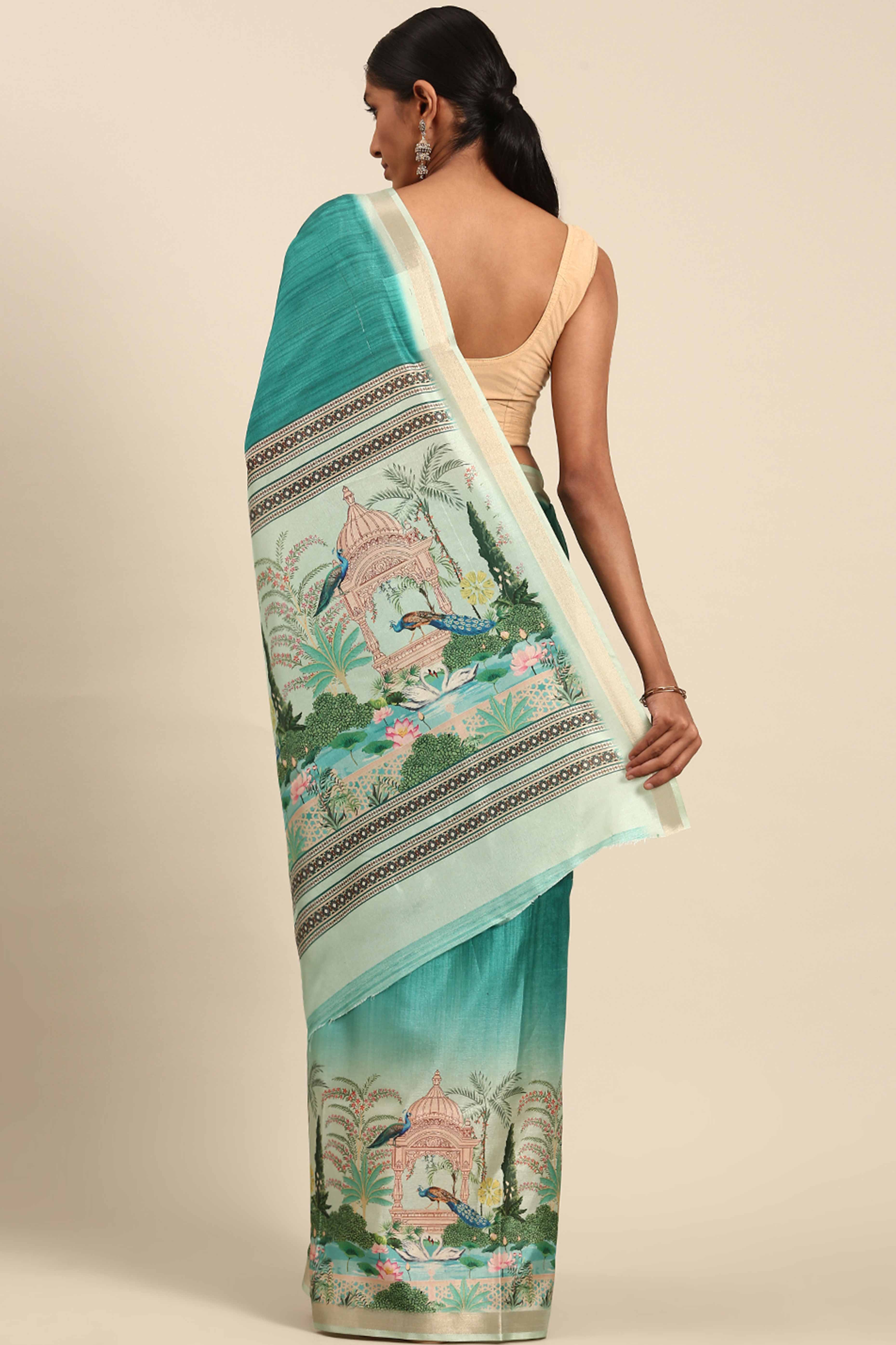 Turquoise Digital Printed Cotton Silk Saree