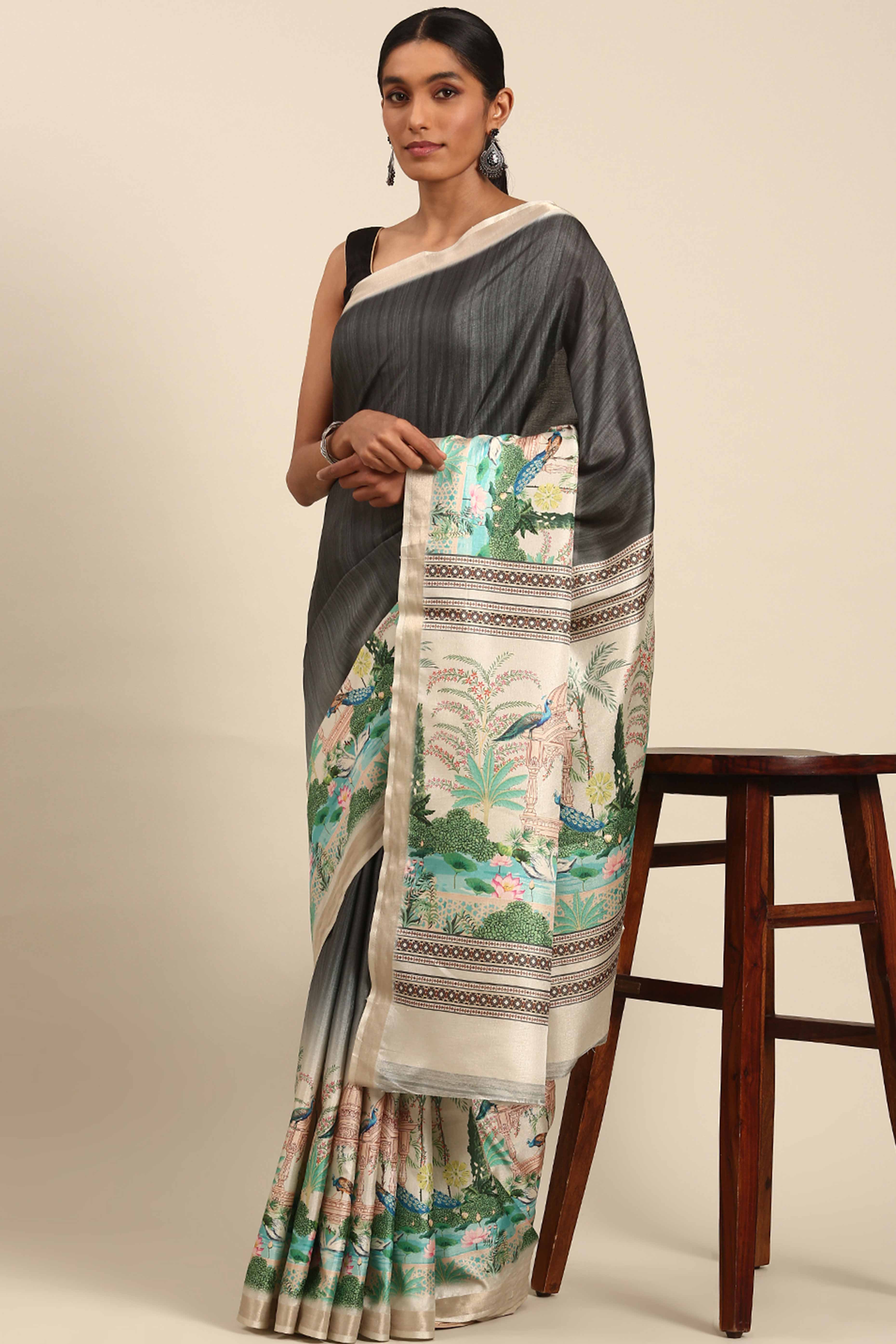 Grey Digital Printed Cotton Silk Saree