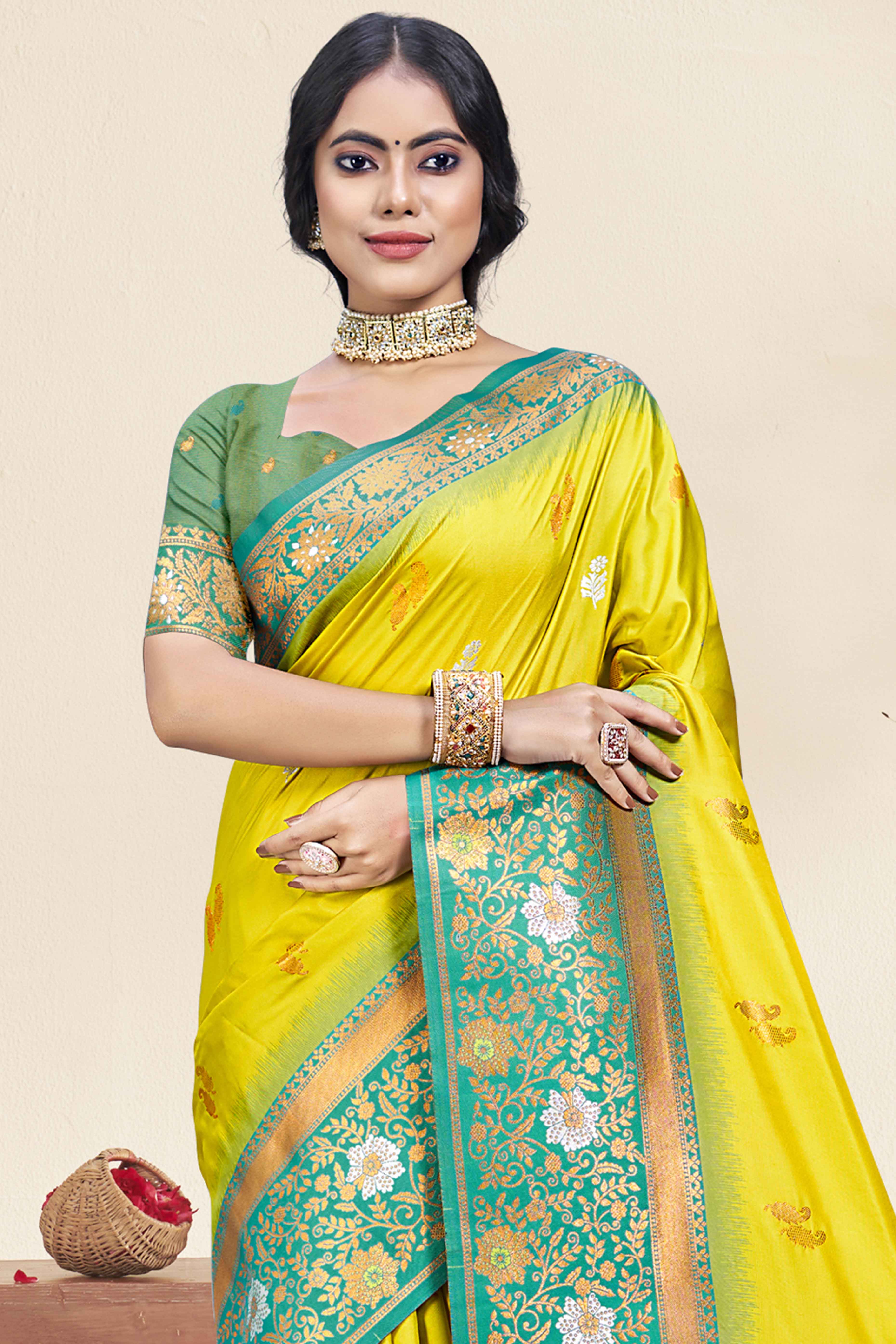 Lemon Yellow Floral Woven Banarasi Silk Saree