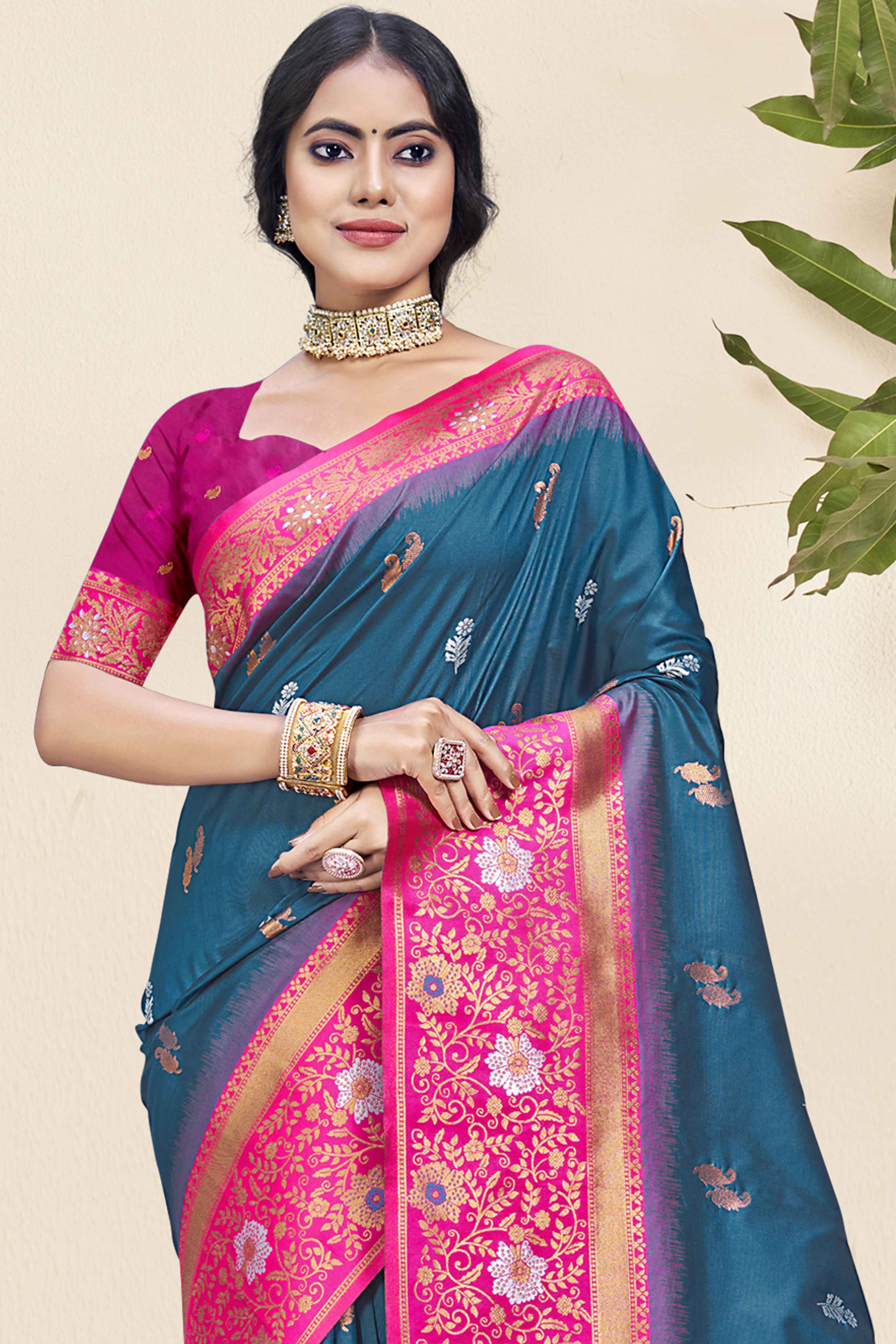 Blue Floral Woven Banarasi Silk Saree