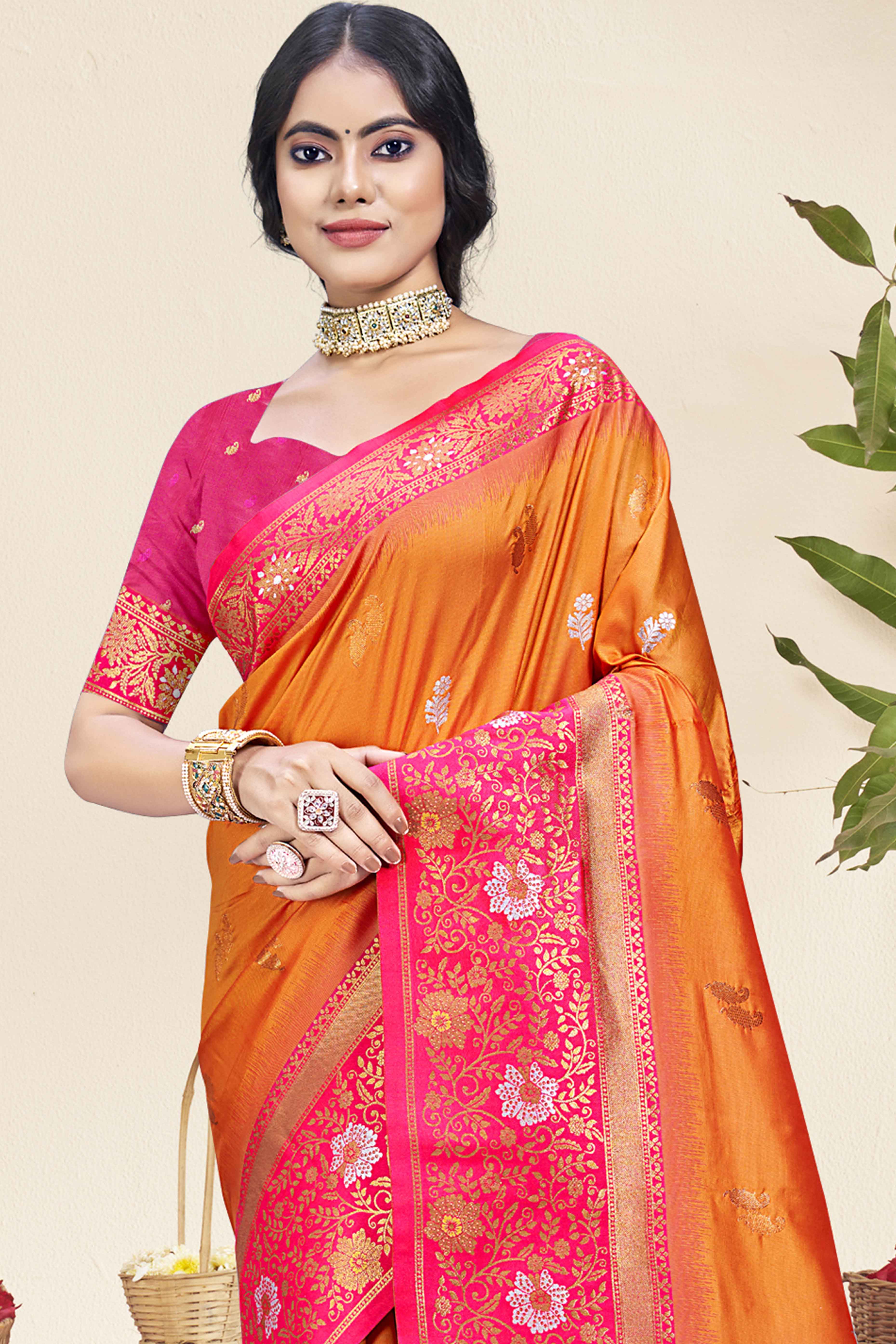 Orange Floral Woven Banarasi Silk Saree