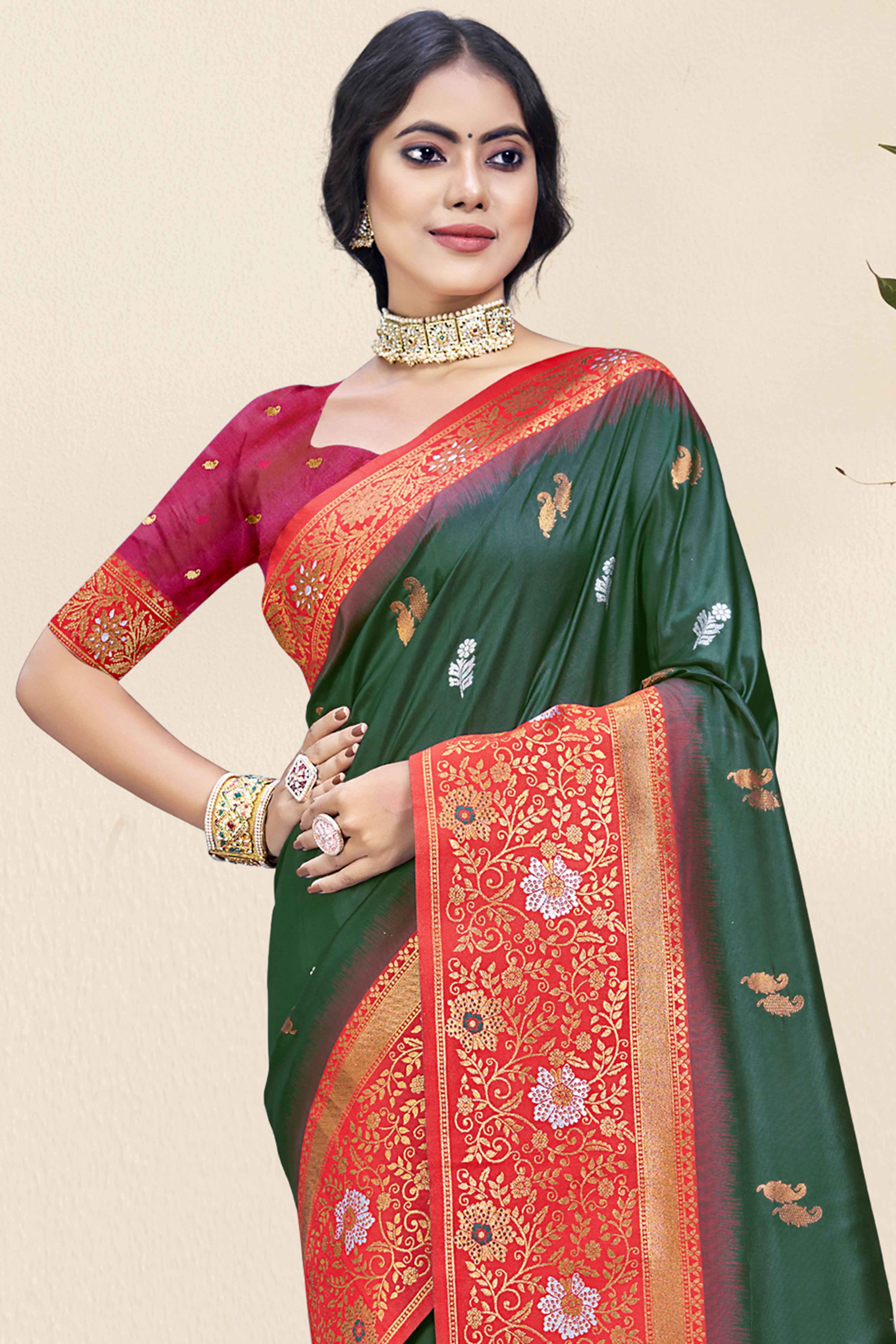 Green Floral Woven Banarasi Silk Saree