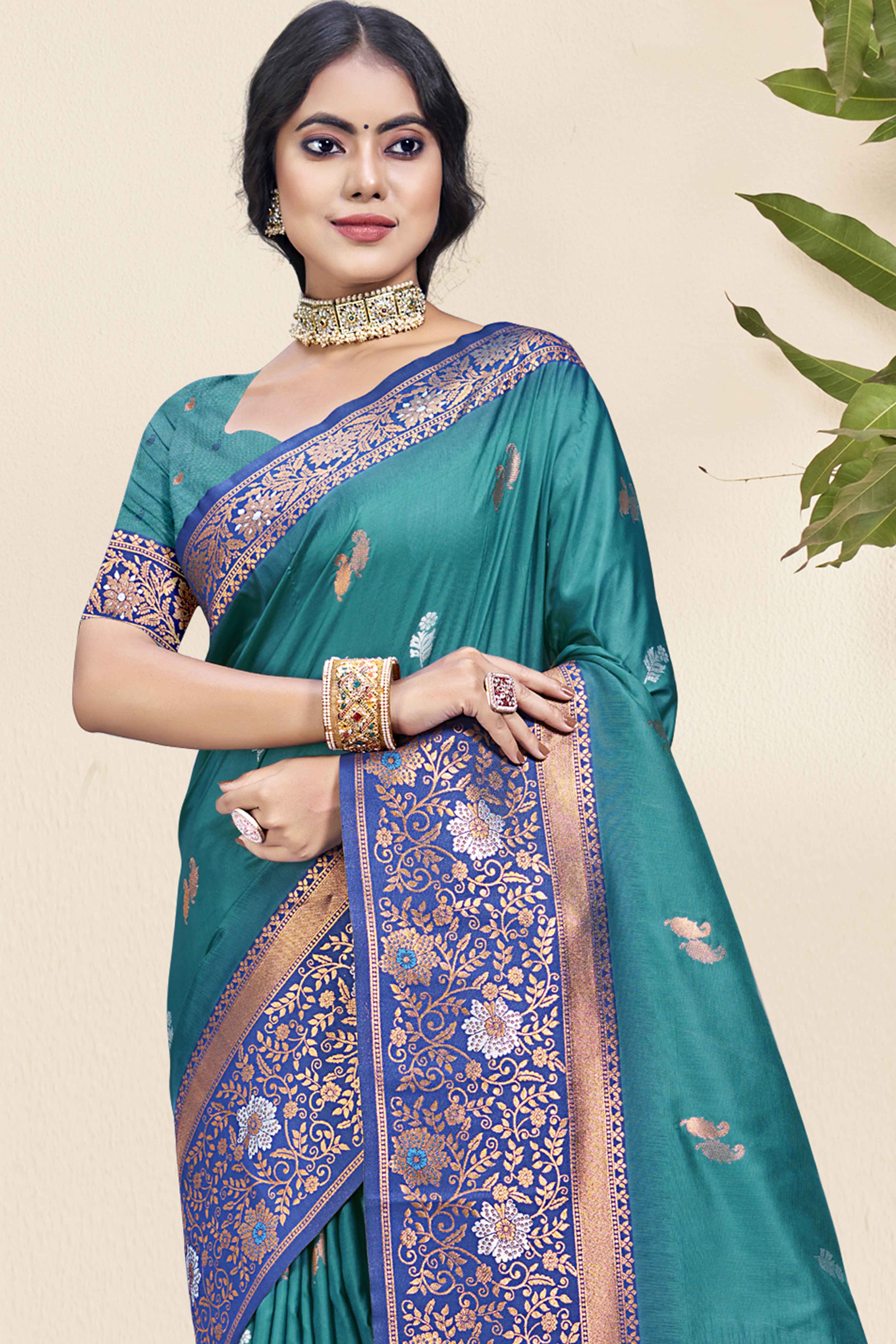 Blue Floral Woven Banarasi Silk Saree