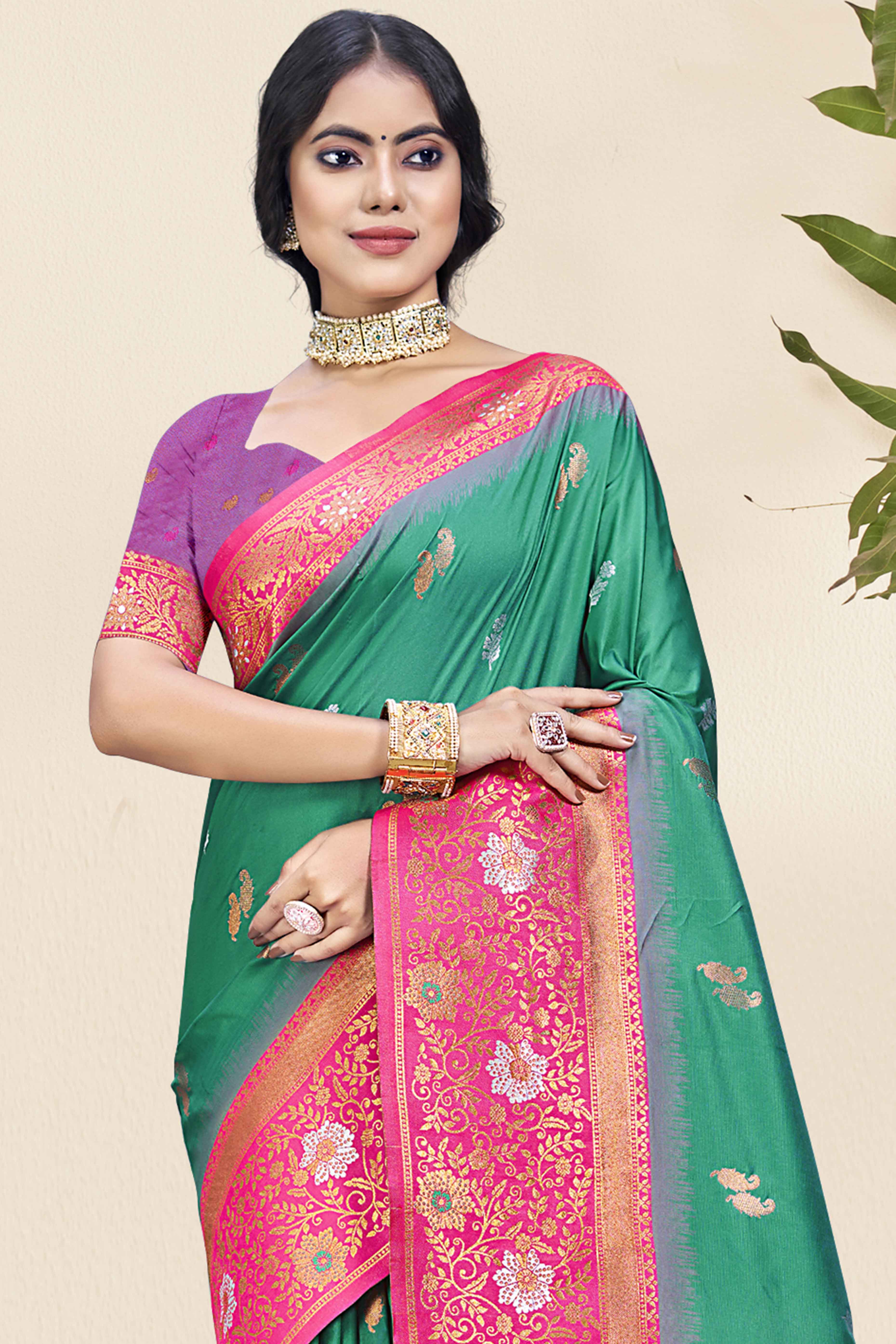 Rama Green Floral Woven Banarasi Silk Saree