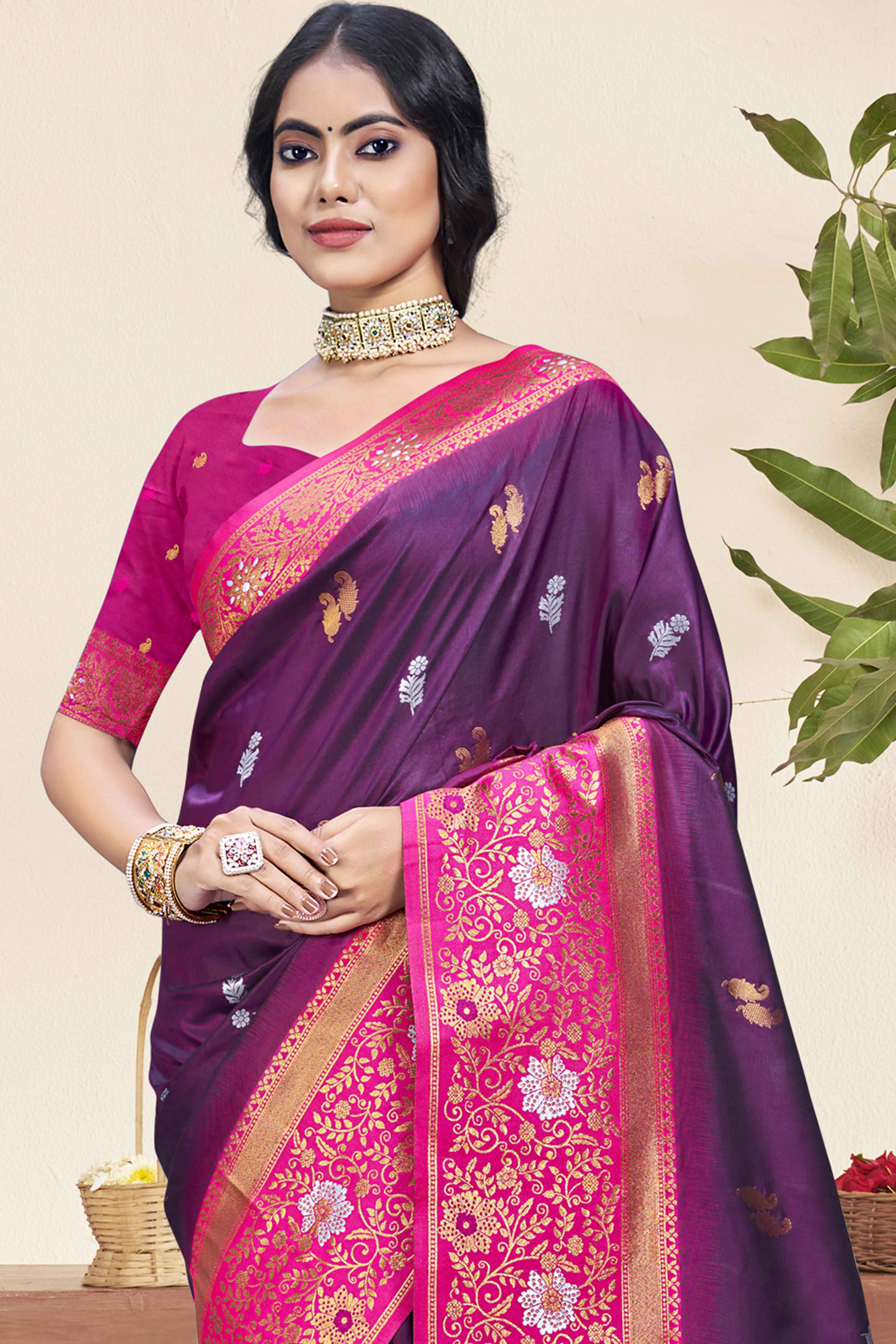 Wine Floral Woven Banarasi Silk Saree