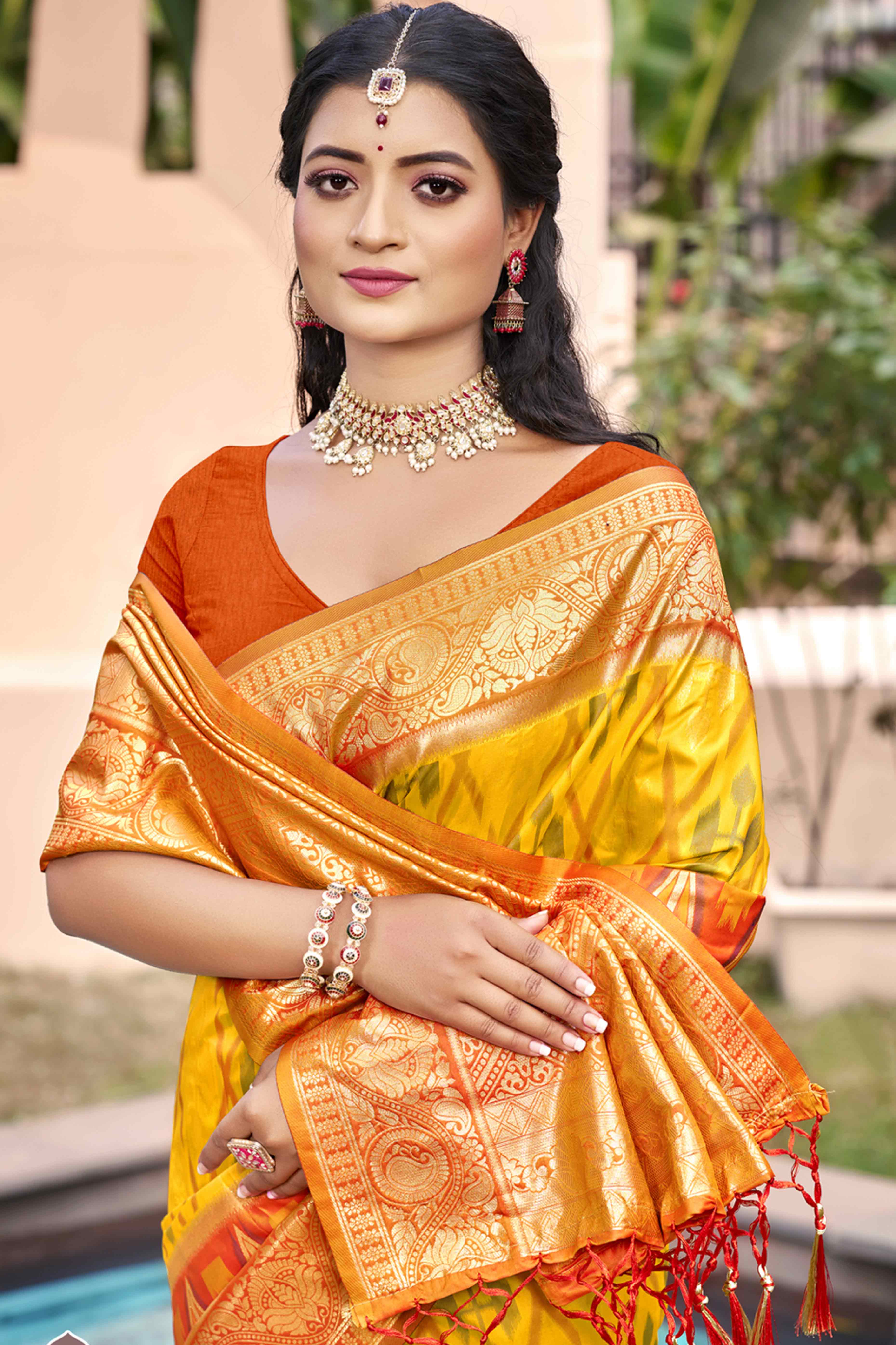 Yellow & Orange Woven Cotton Silk Saree With Tassels