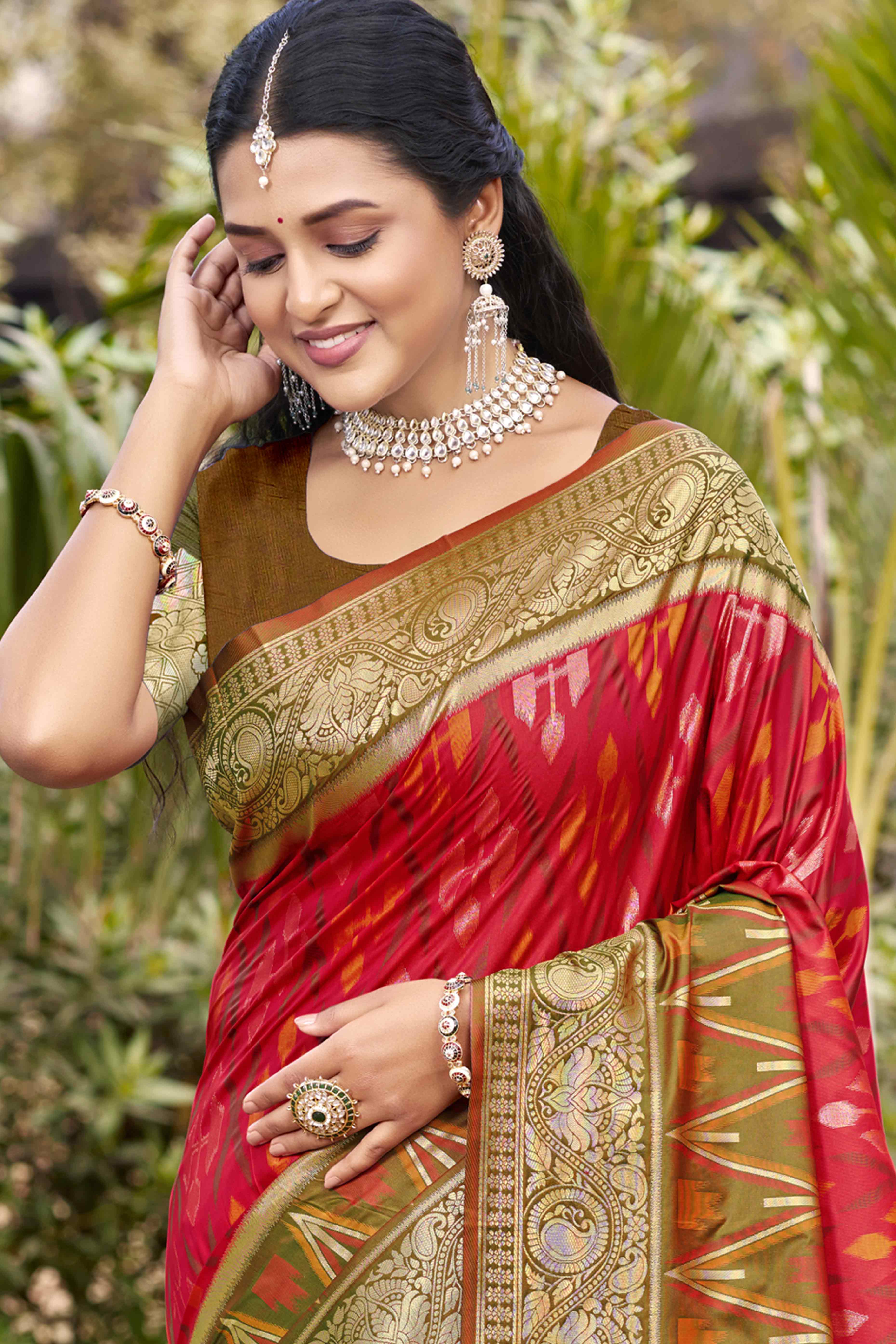 Cherry Red & Green Woven Cotton Silk Saree With Tassels