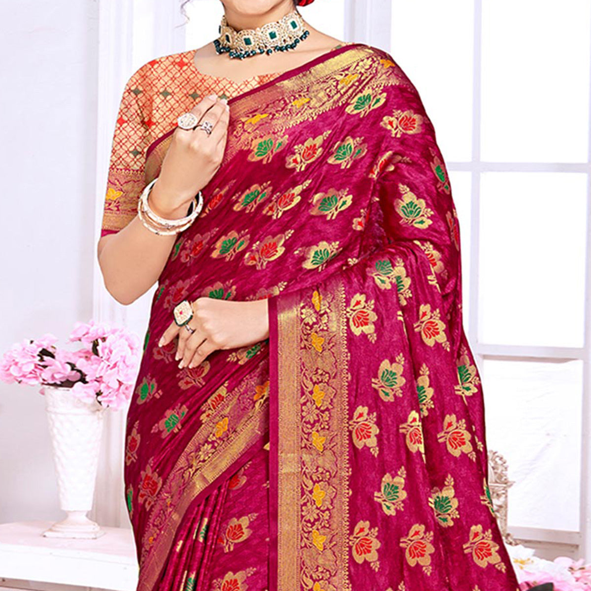 Pink Floral Woven Cotton Silk Saree With Tassels