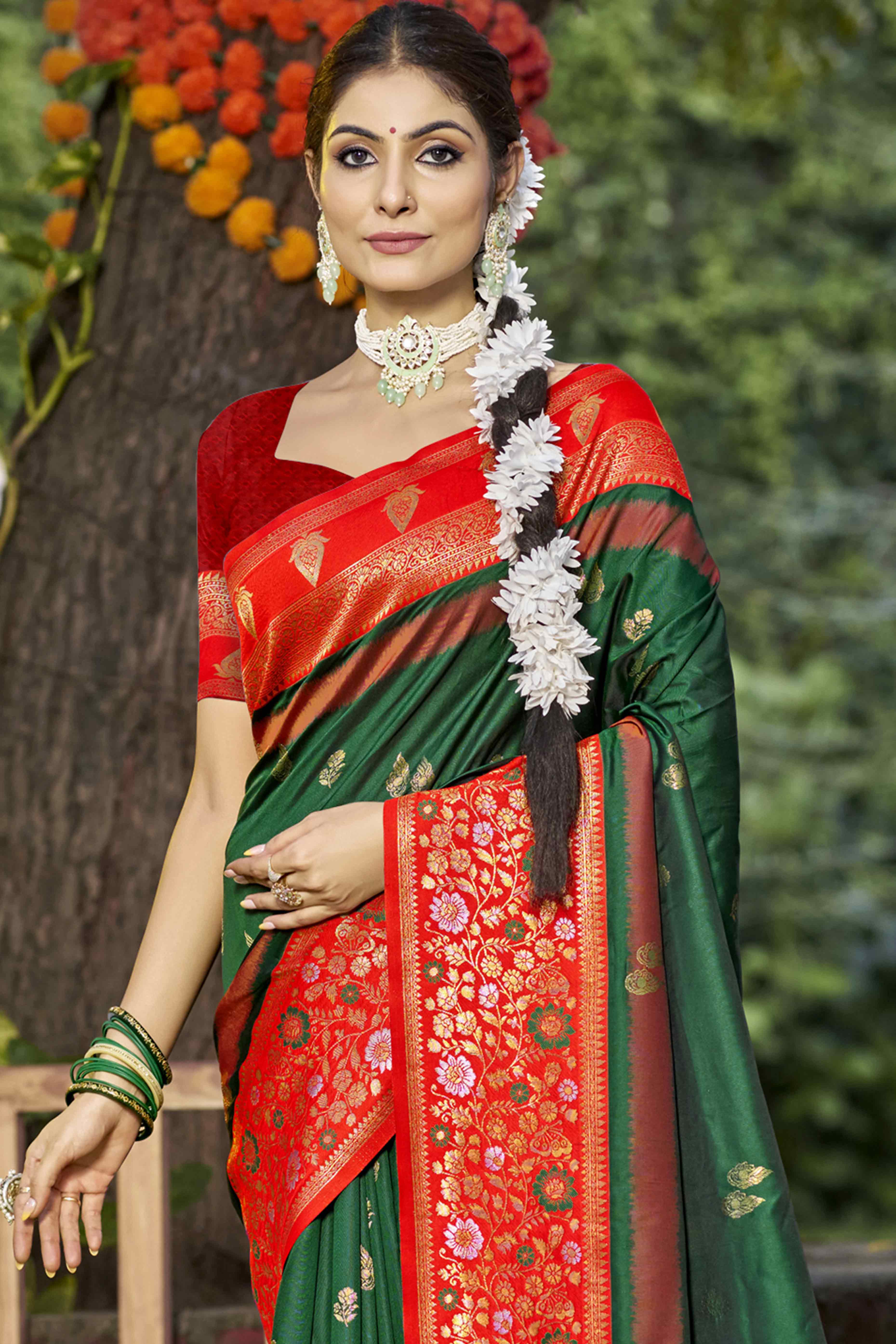 Green Floral Woven Banarasi Silk Saree With Tassels