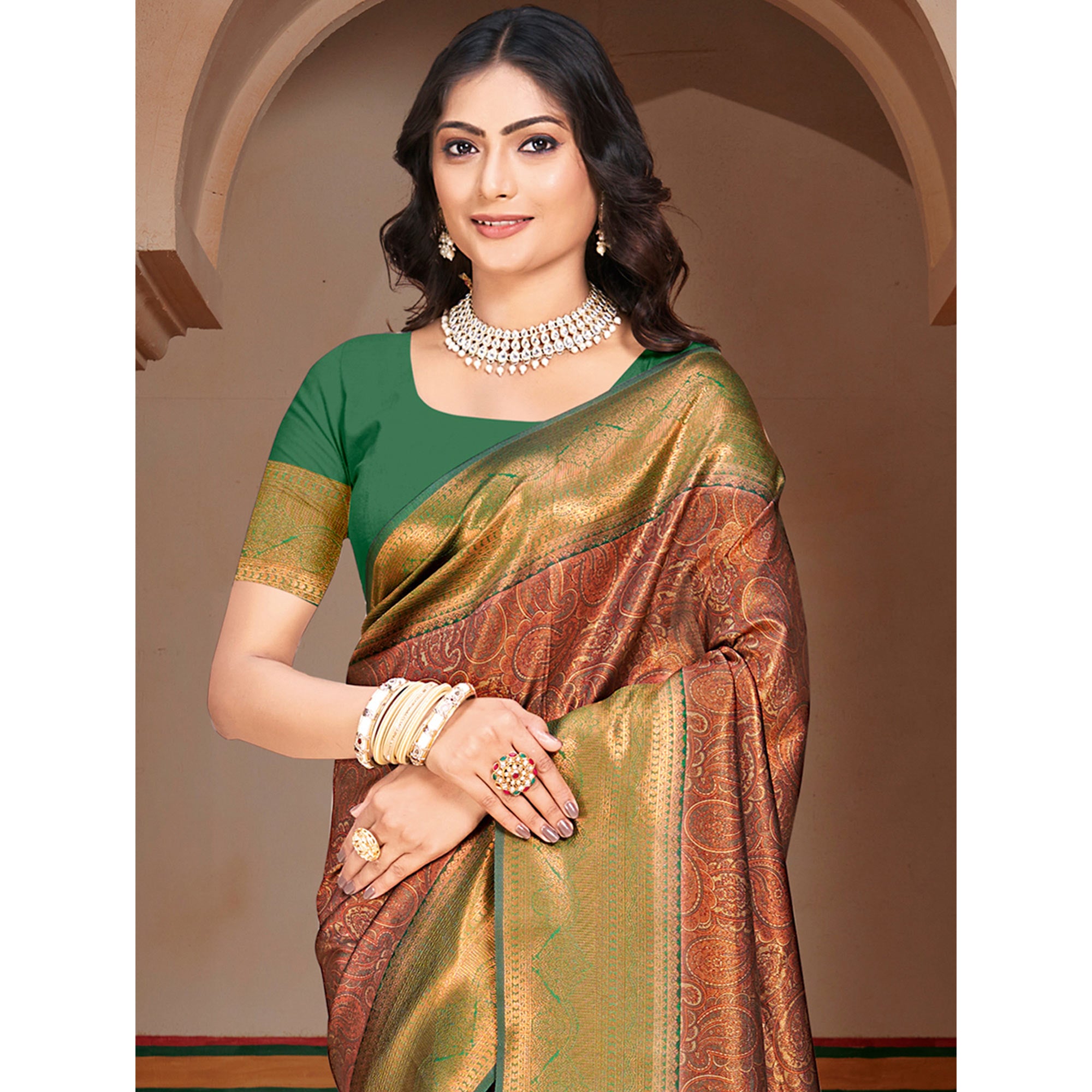 Brown & Green Woven Vichitra Silk Saree With Tassels