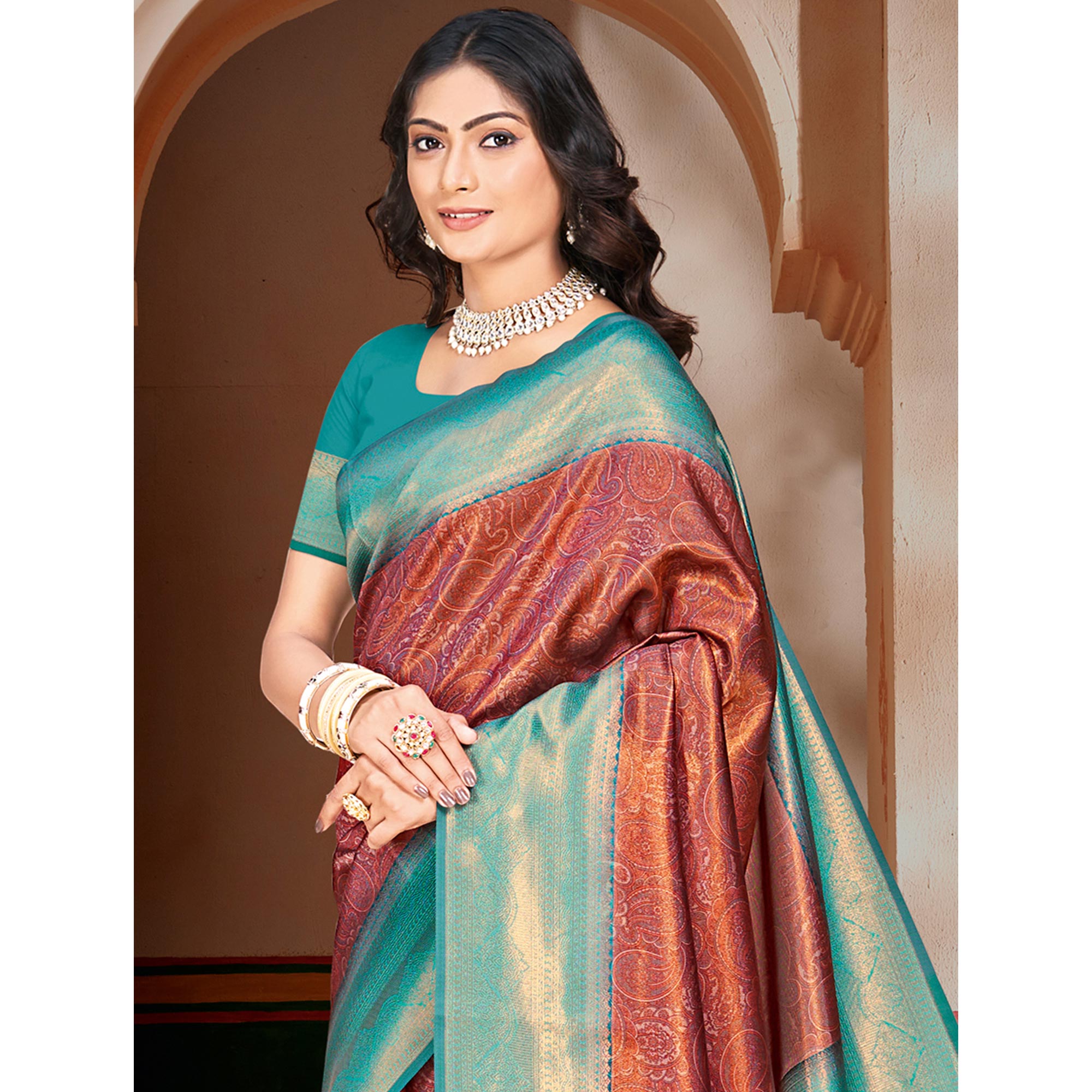 Rust & Blue Woven Vichitra Silk Saree With Tassels