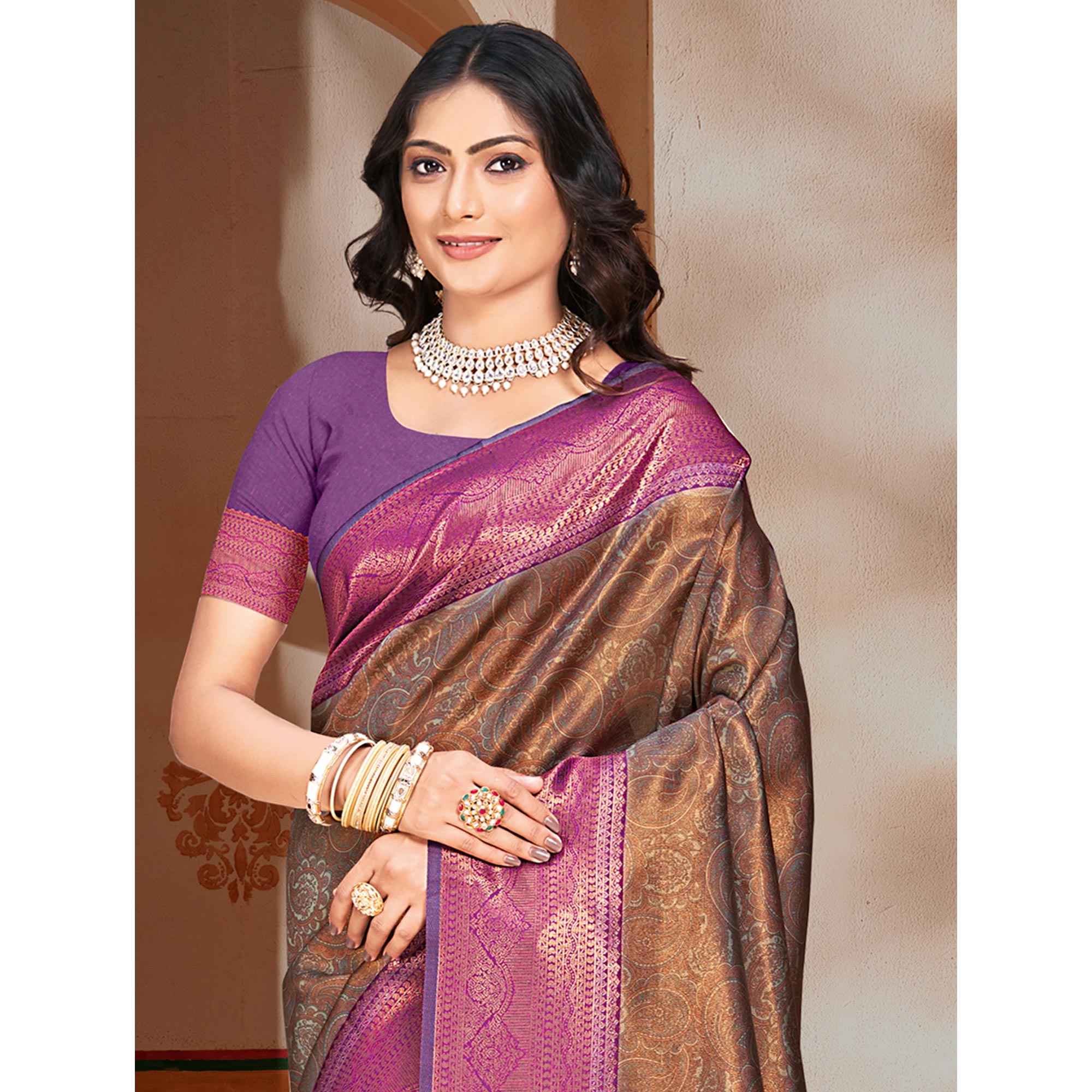 Brown & Purple Woven Vichitra Silk Saree With Tassels