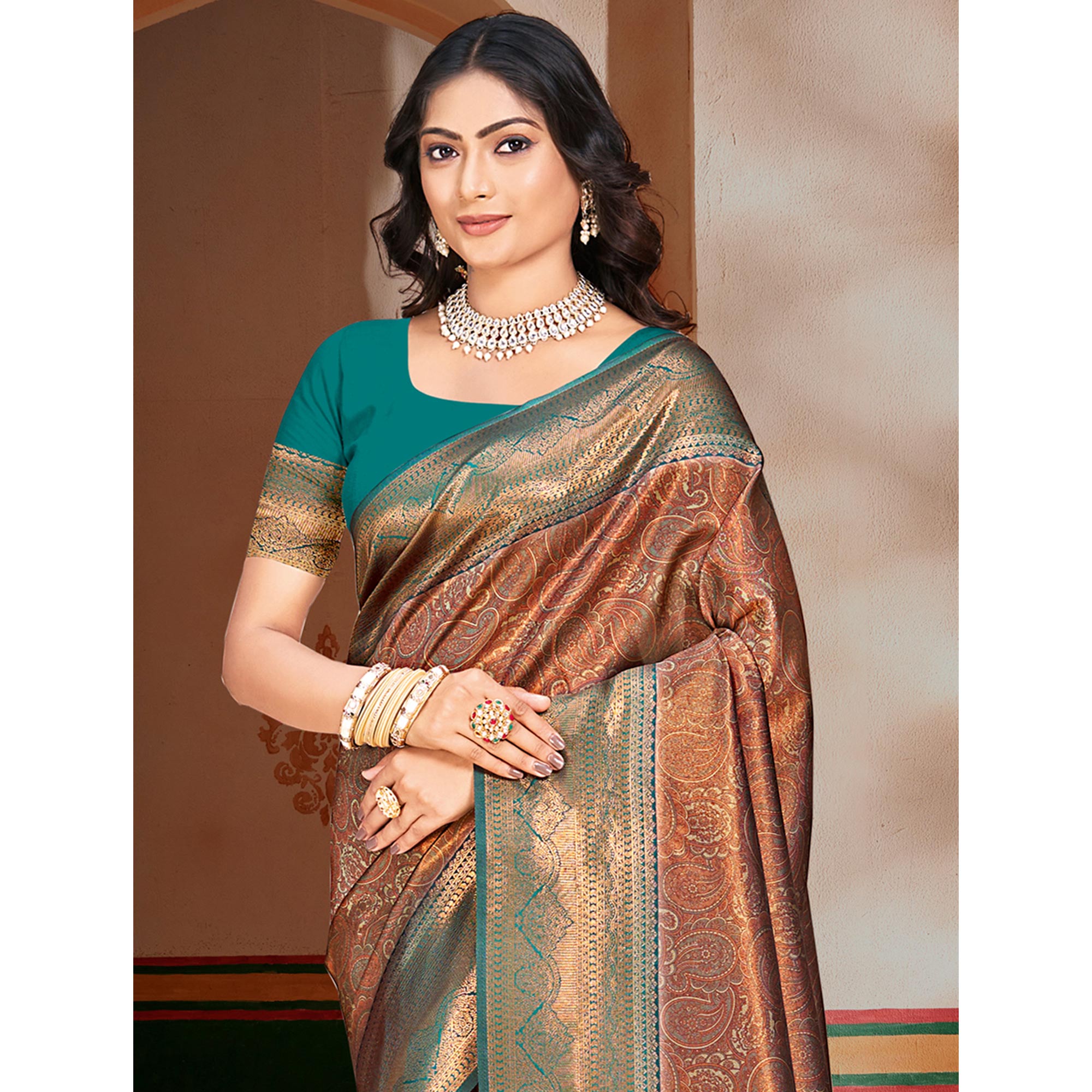 Brown & Rama Blue Woven Vichitra Silk Saree With Tassels