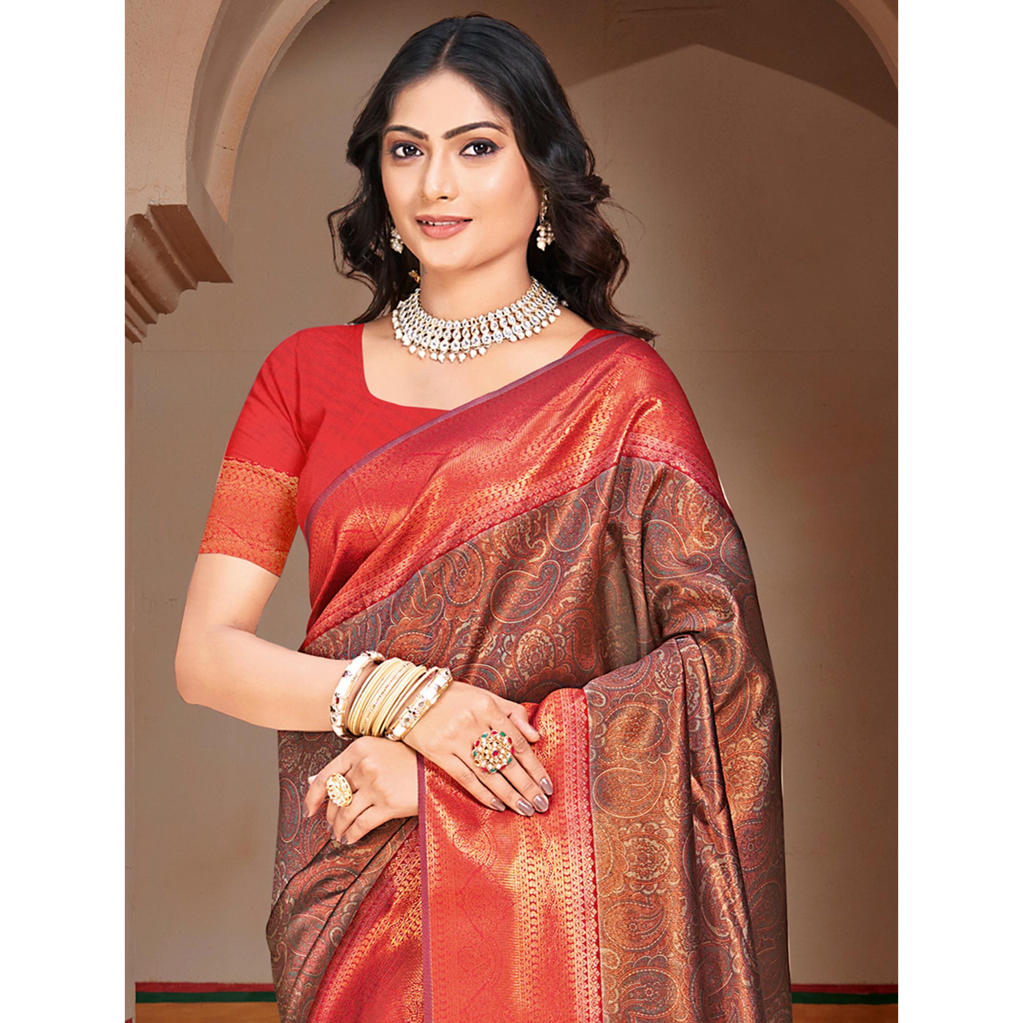 Brown & Red Woven Vichitra Silk Saree With Tassels