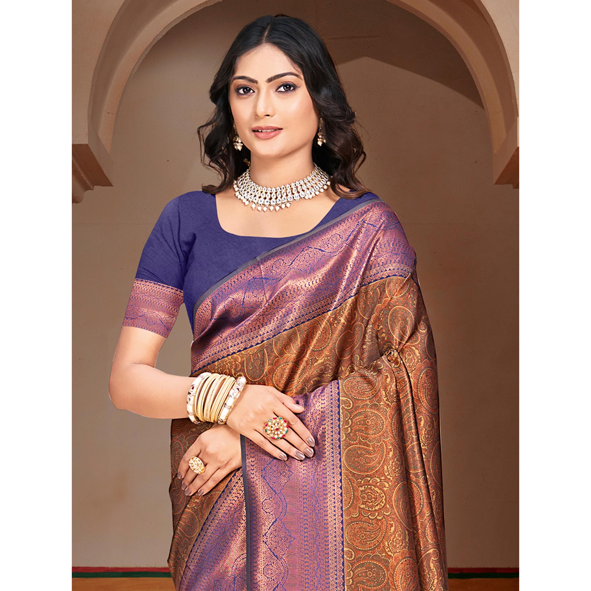 Brown & Violet Woven Vichitra Silk Saree With Tassels