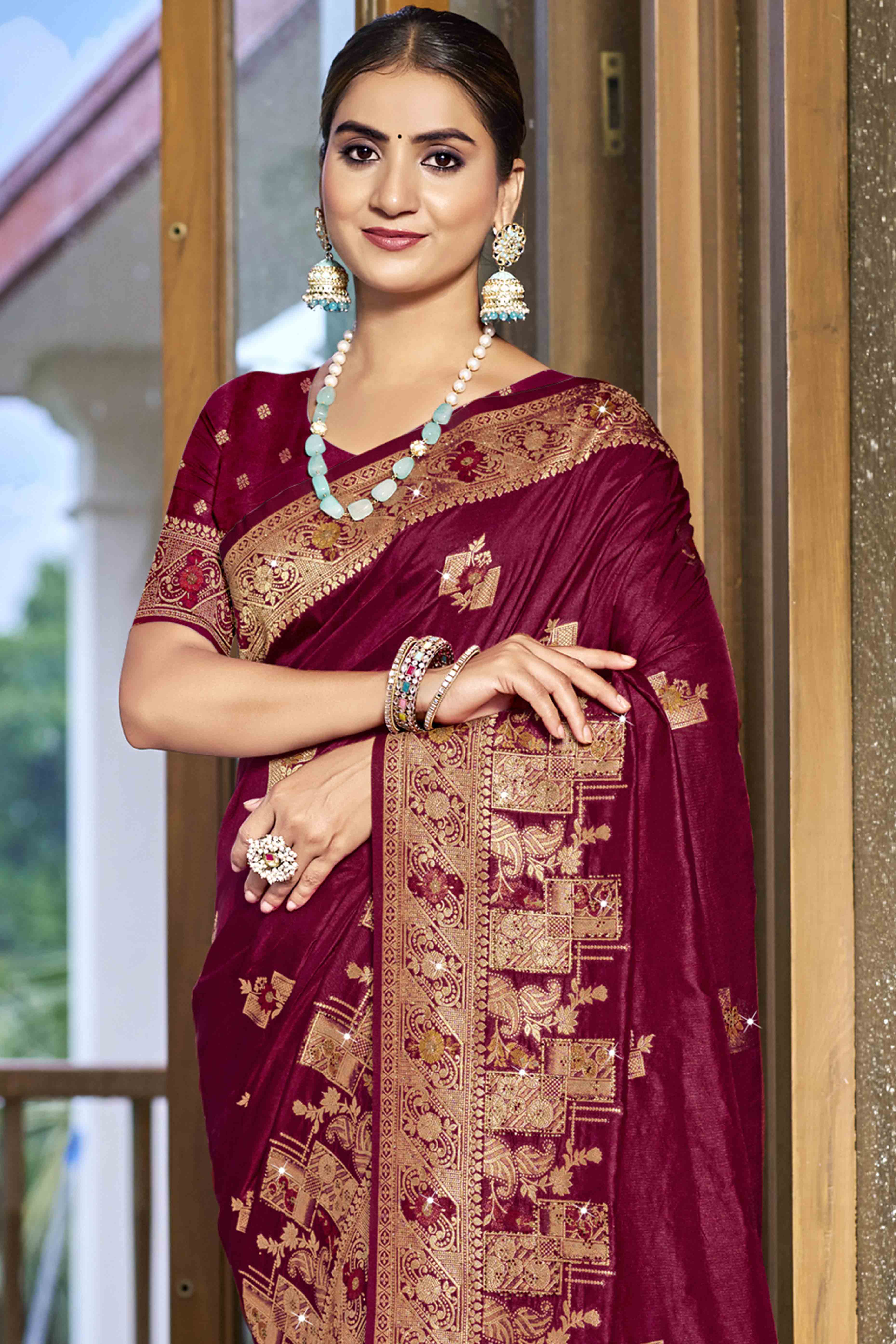 Wine Stone Work Weaving Satin Silk Saree