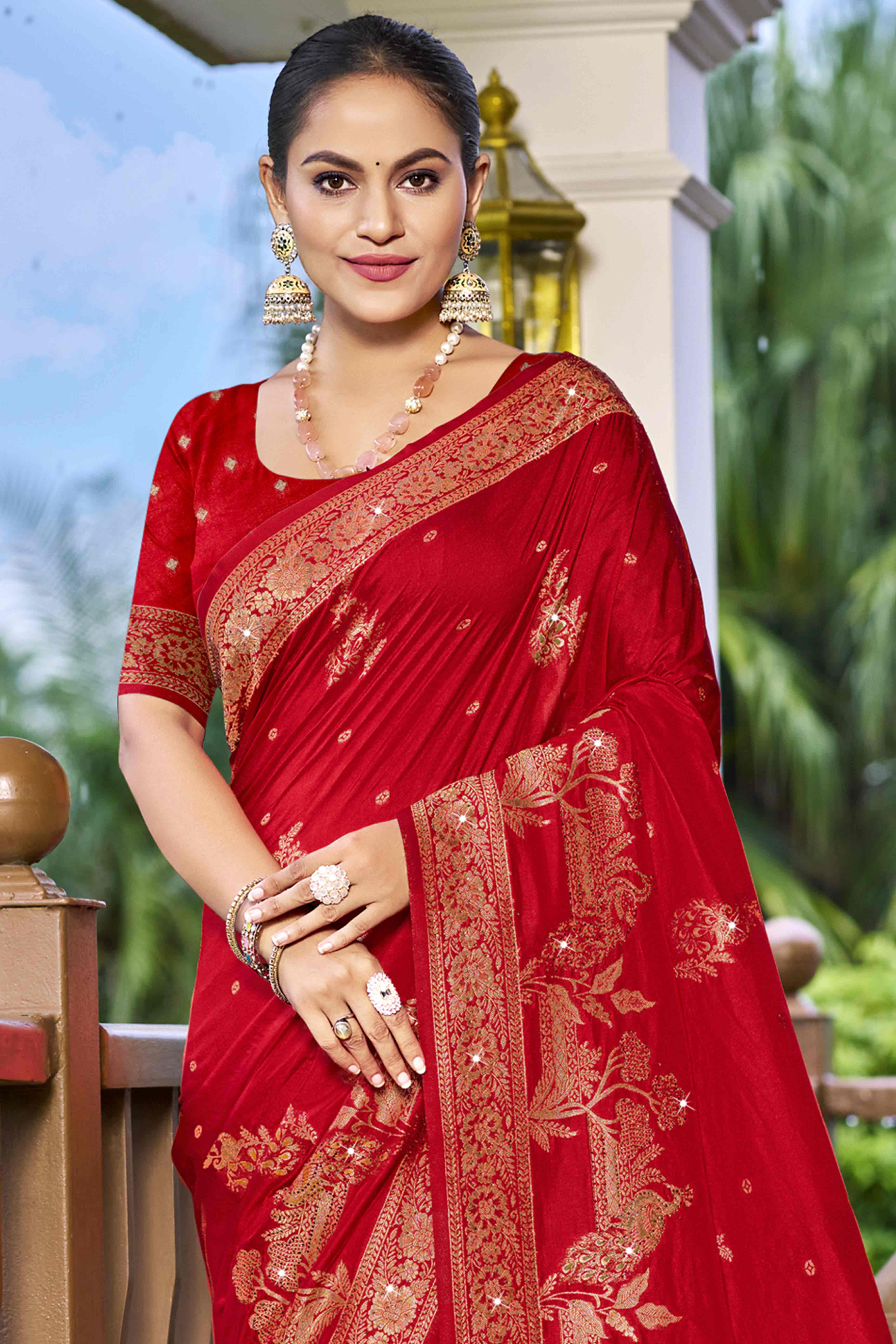 Red Stone Work Weaving Satin Silk Saree