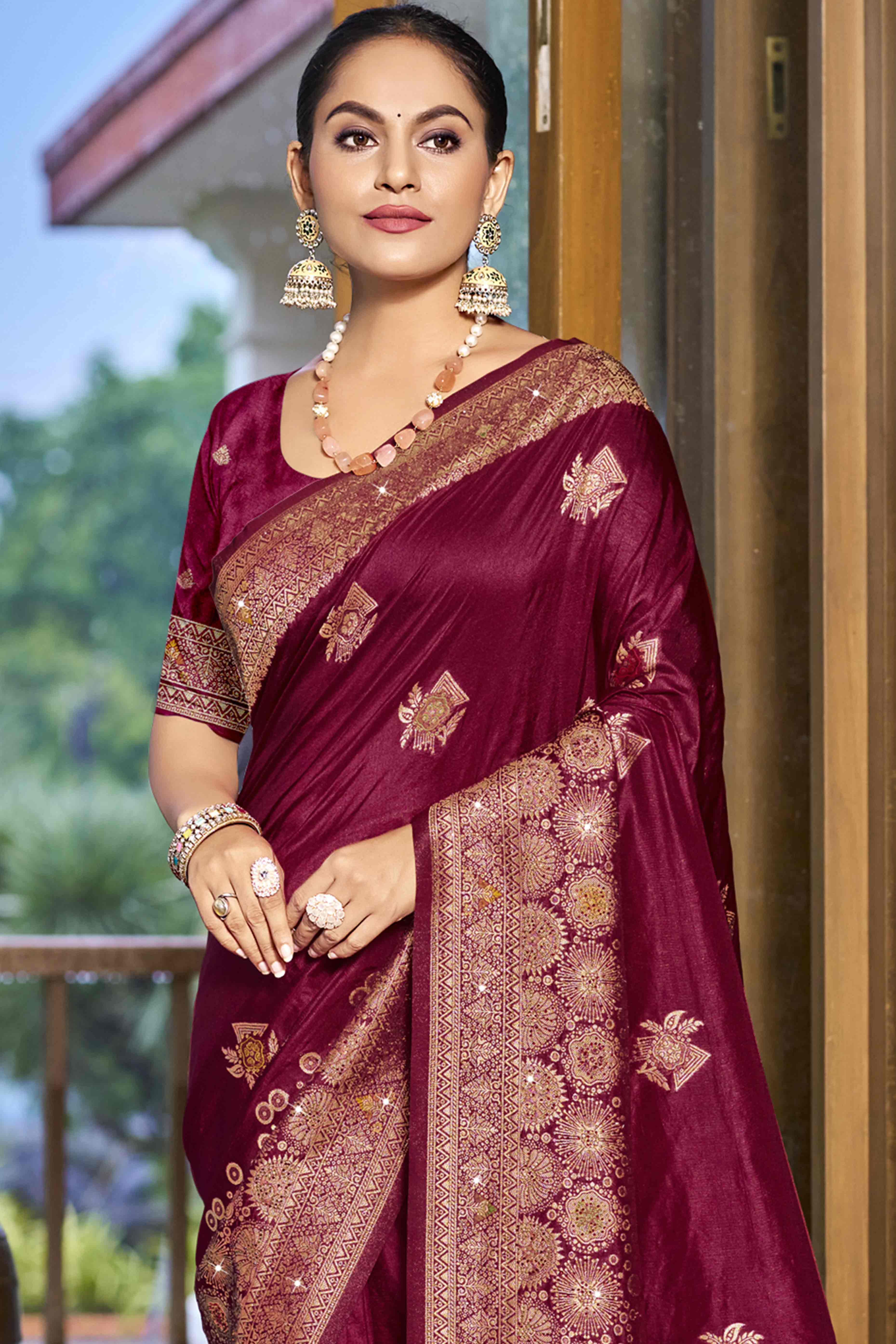 Wine Stone Work Weaving Satin Silk Saree