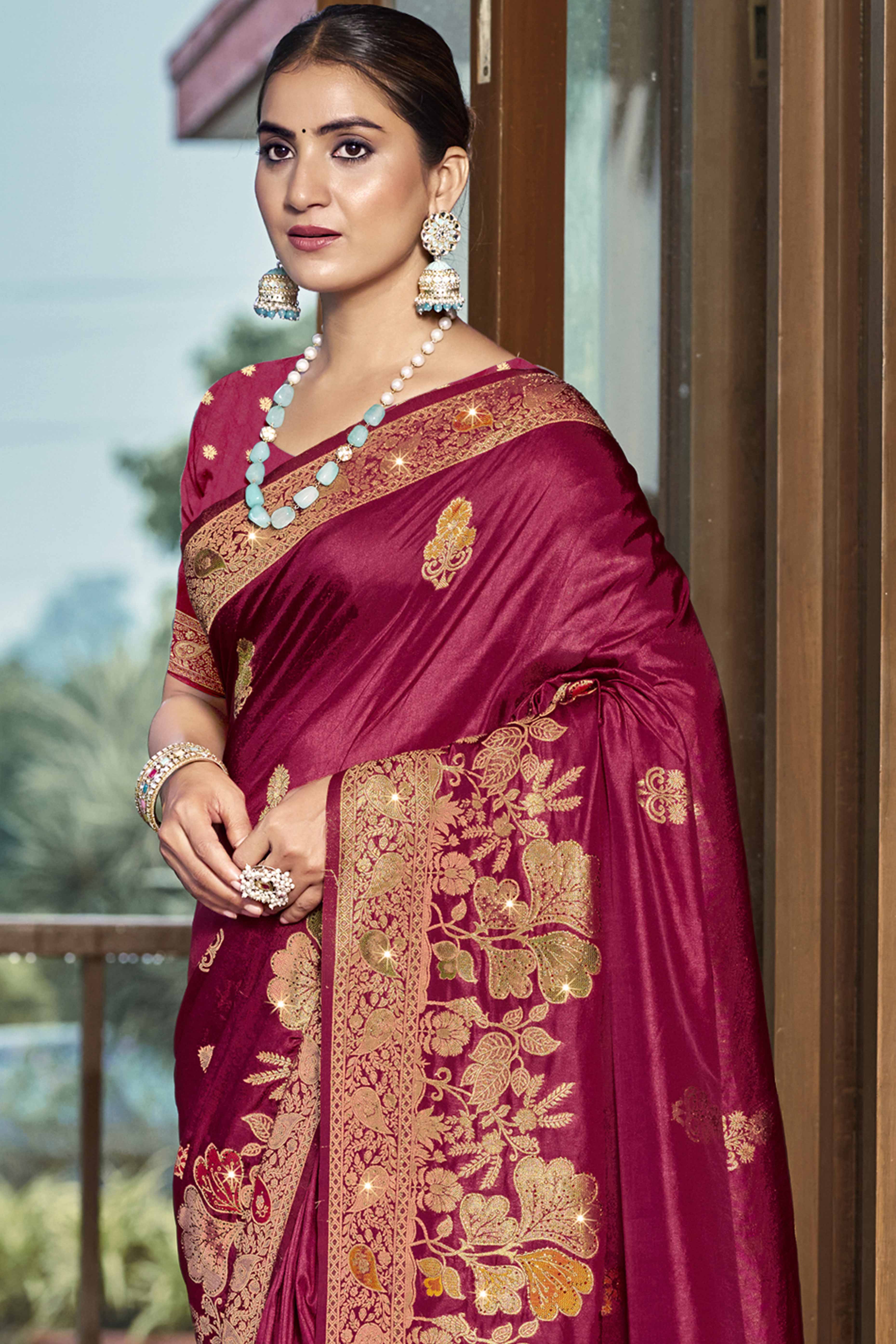 Dark Magenta Floral Woven With Swarovski Work Pure Silk Saree With Tassels
