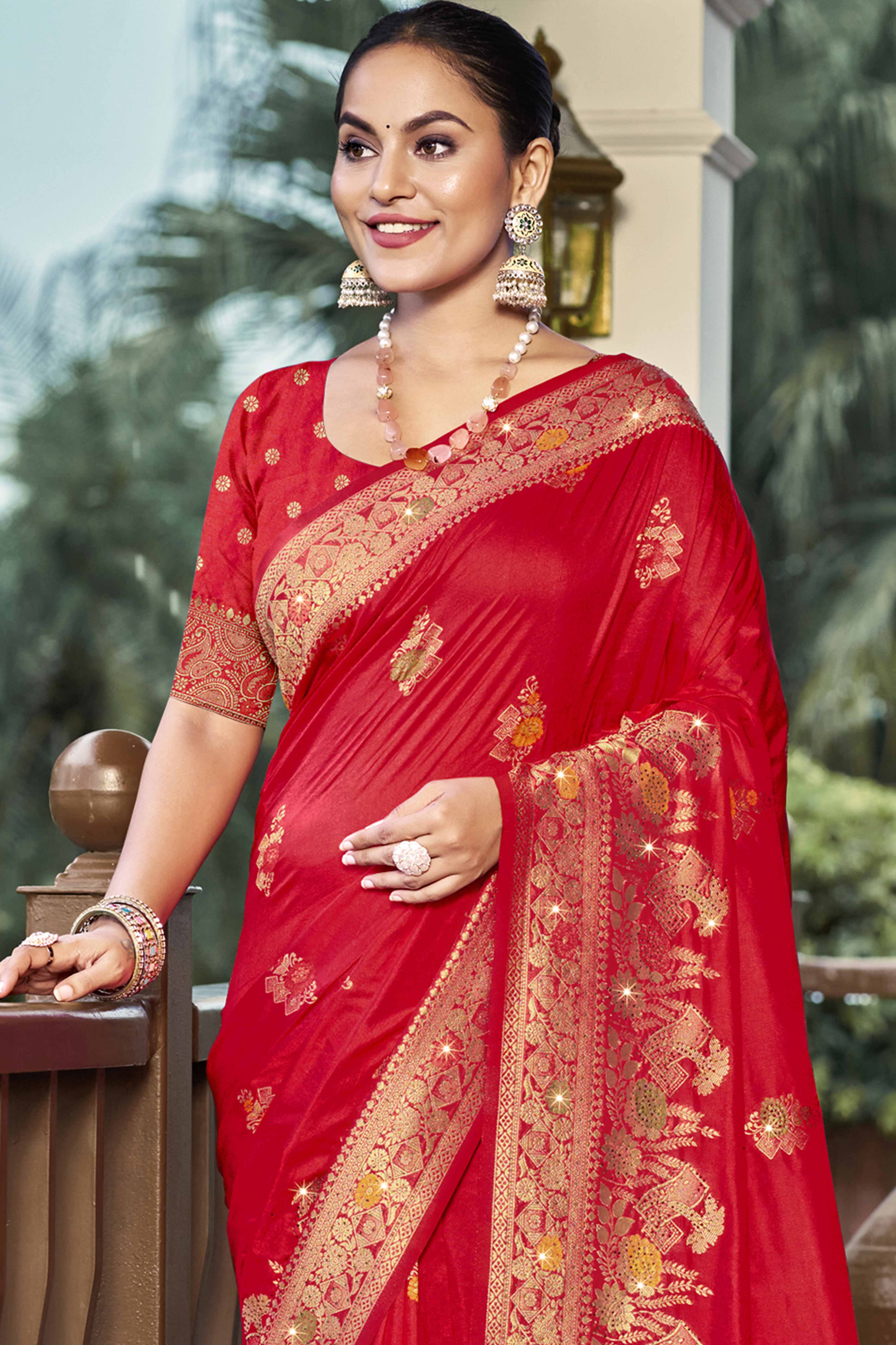 Red Floral Woven With Swarovski Work Pure Silk Saree With Tassels