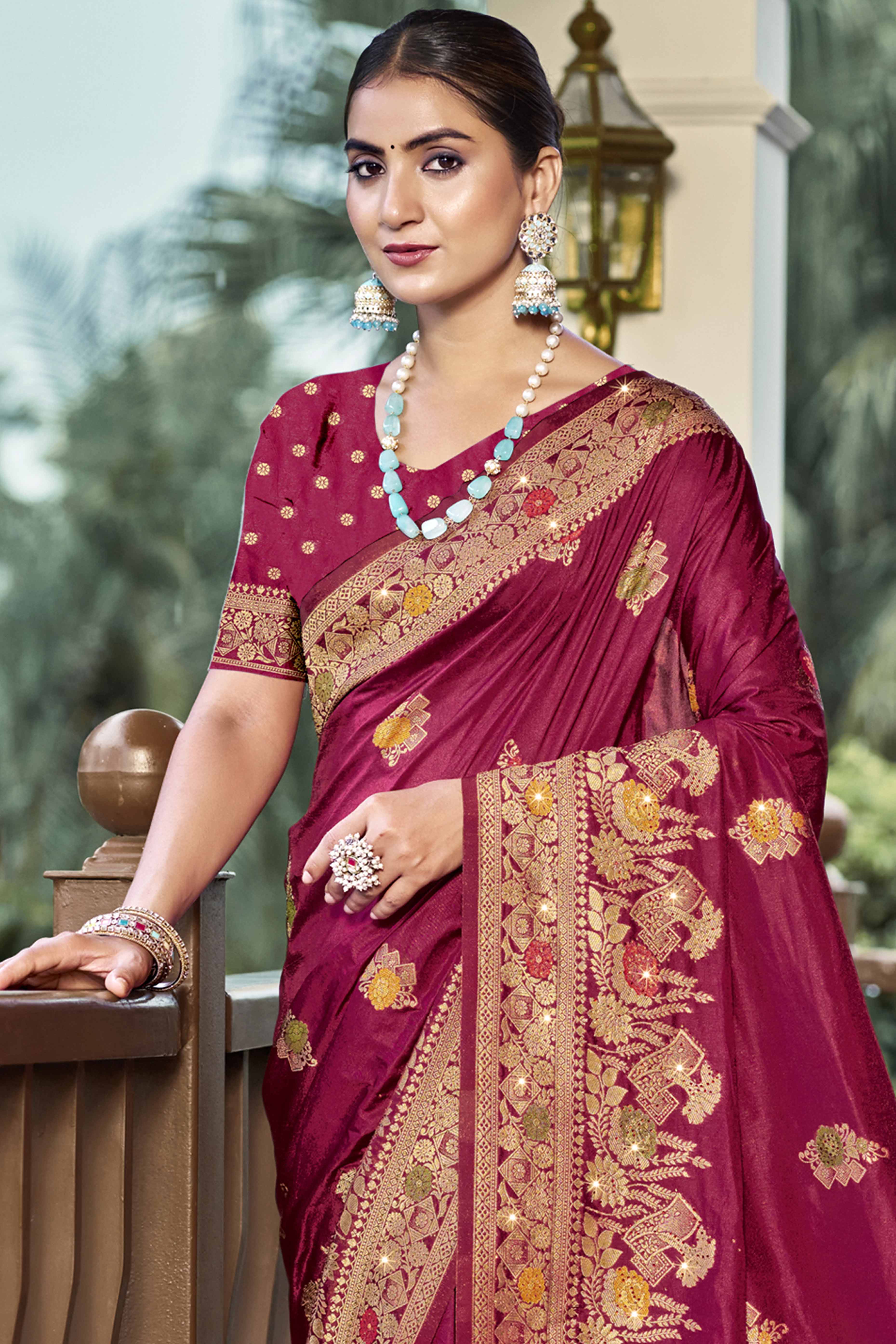 Dark Magenta Floral Woven With Swarovski Work Pure Silk Saree With Tassels