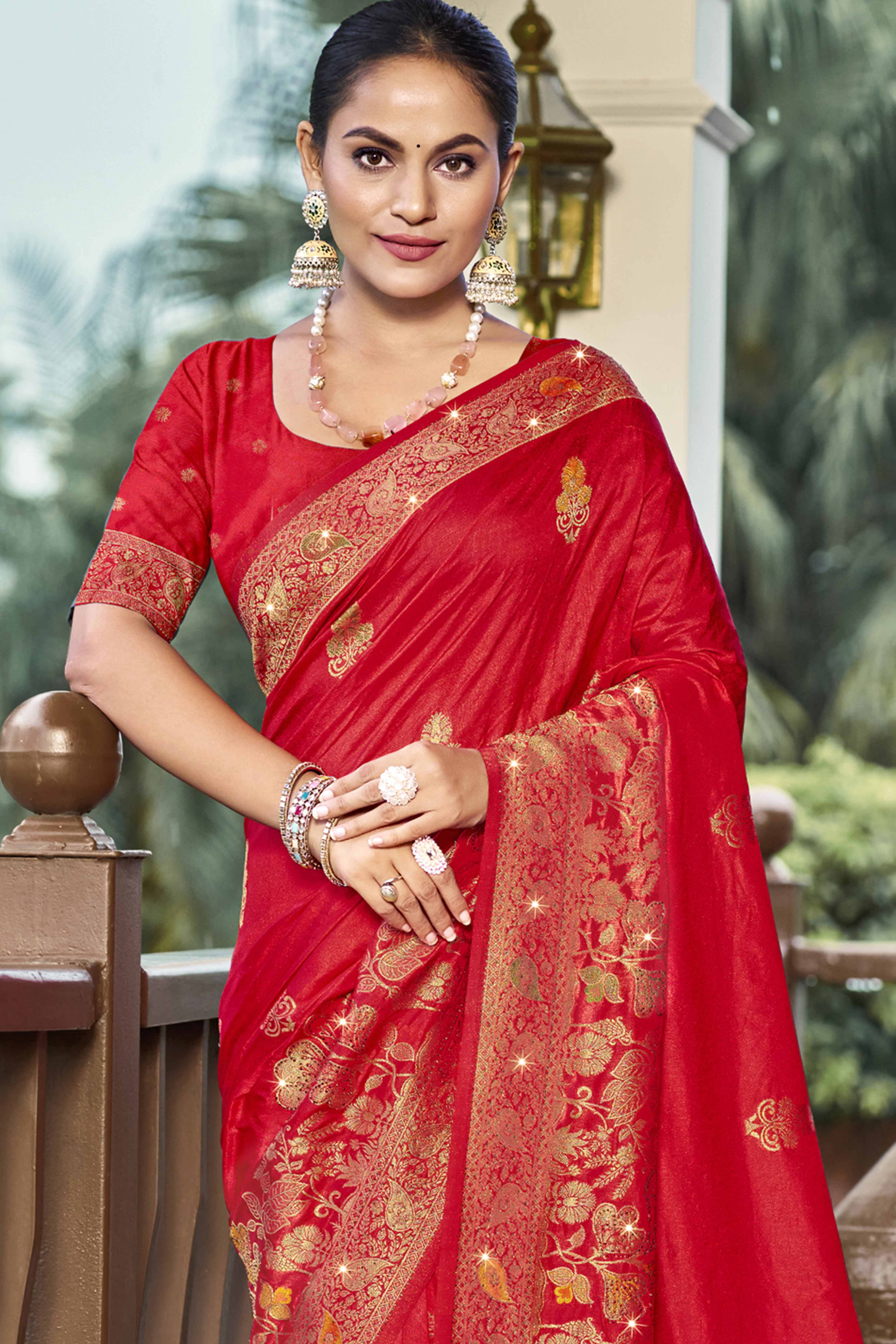 Red Floral Woven With Swarovski Work Pure Silk Saree With Tassels