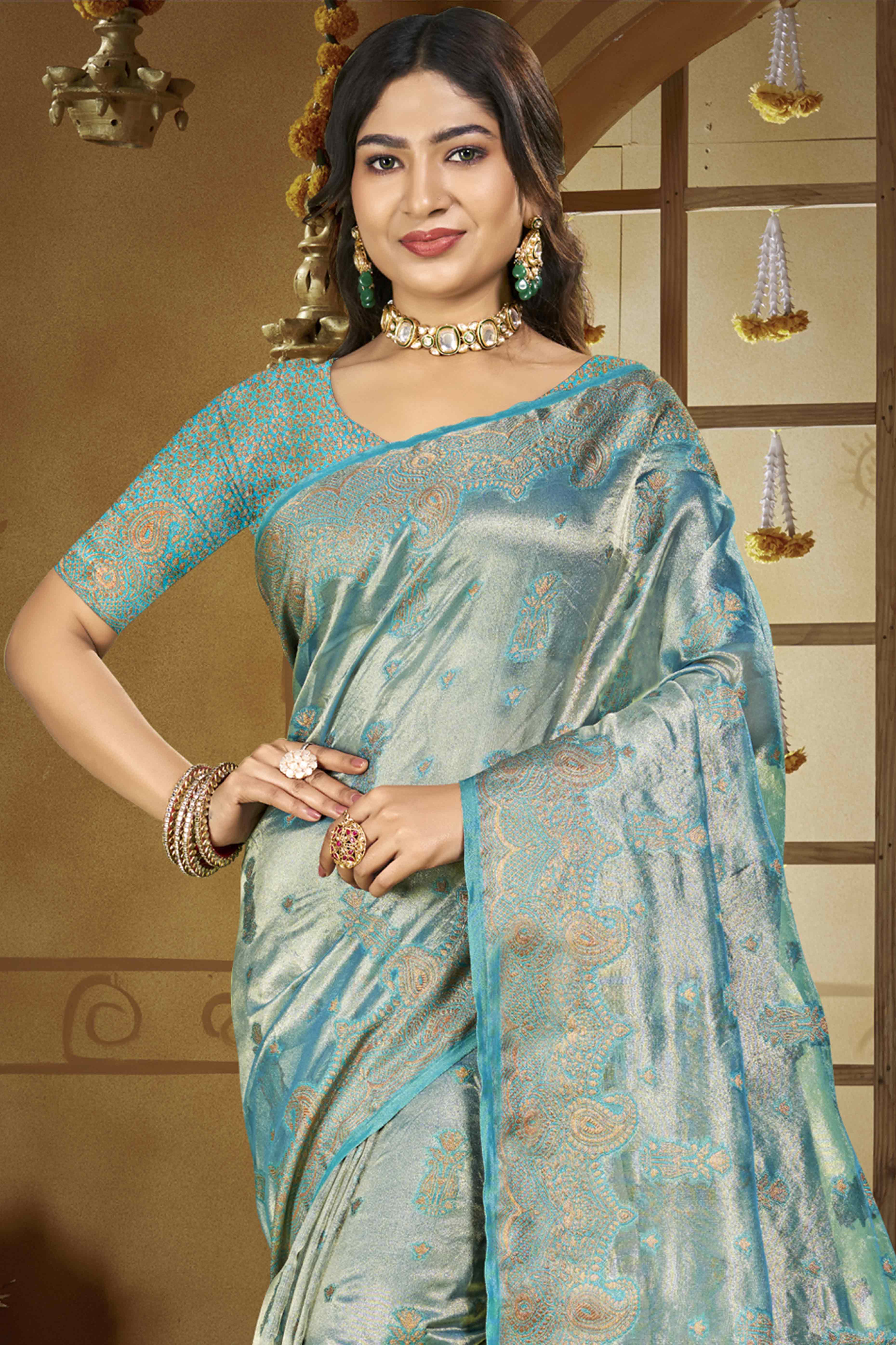 Blue Paisley Pattern Woven Organza Silk Saree