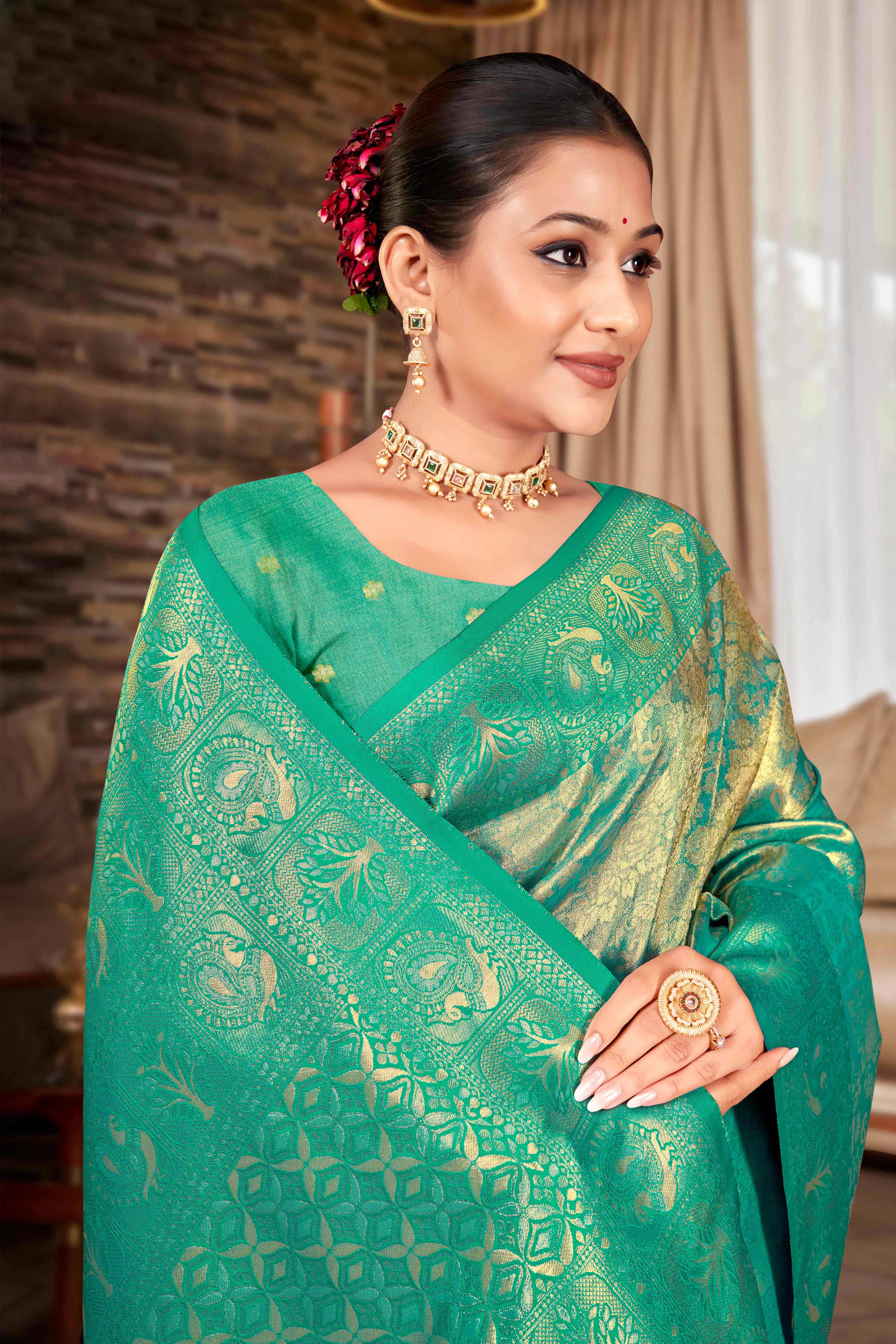 Premium Rama Green Floral and Peacock Motif Woven Kanjivaram Silk Saree With Tassel Pallu