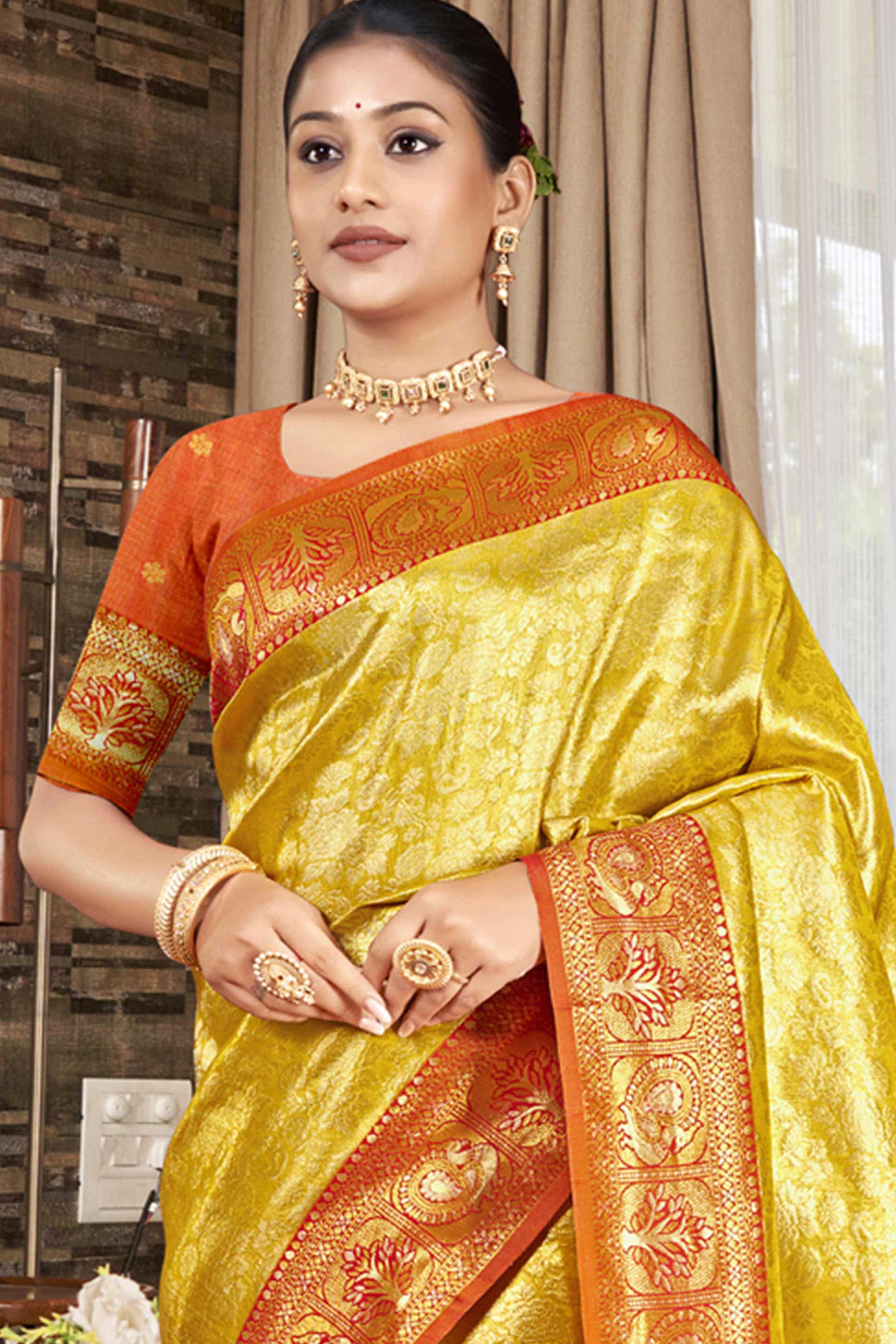 Premium Yellow Floral and Peacock Motif Woven Kanjivaram Silk Saree With Tassel Pallu