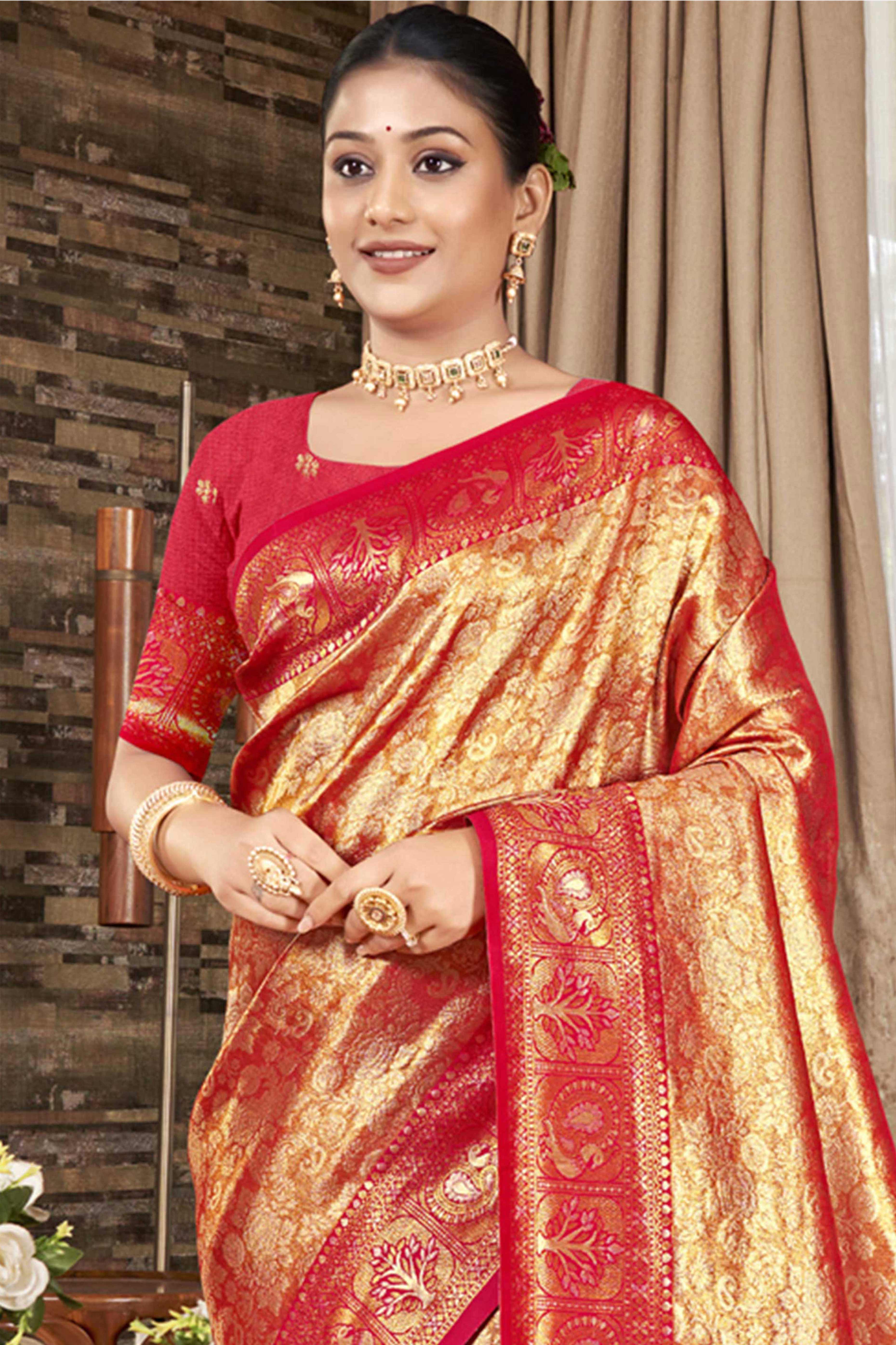 Premium Pink Floral and Peacock Motif Woven Kanjivaram Silk Saree With Tassel Pallu