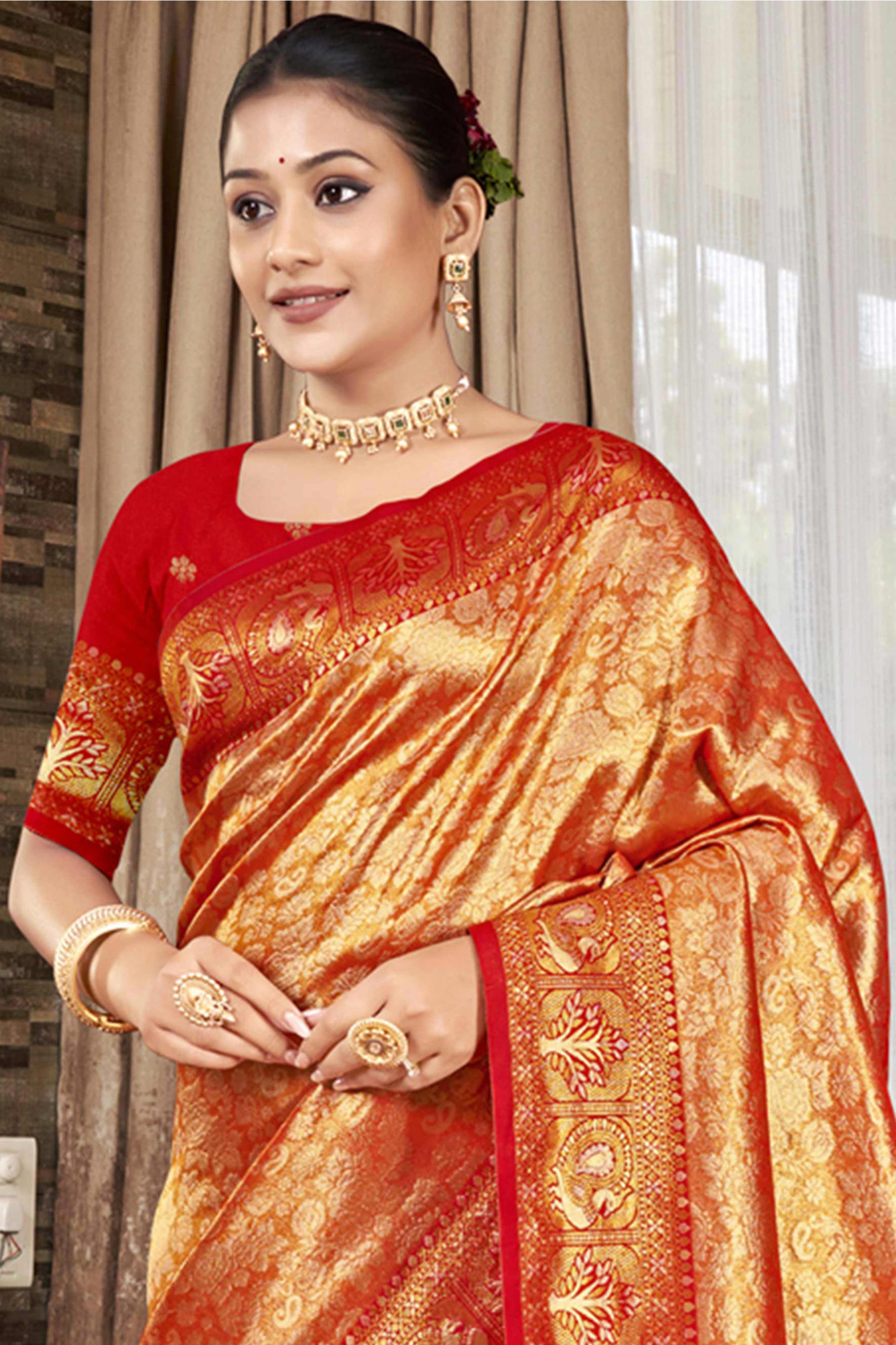 Premium Red Floral and Peacock Motif Woven Kanjivaram Silk Saree With Tassel Pallu