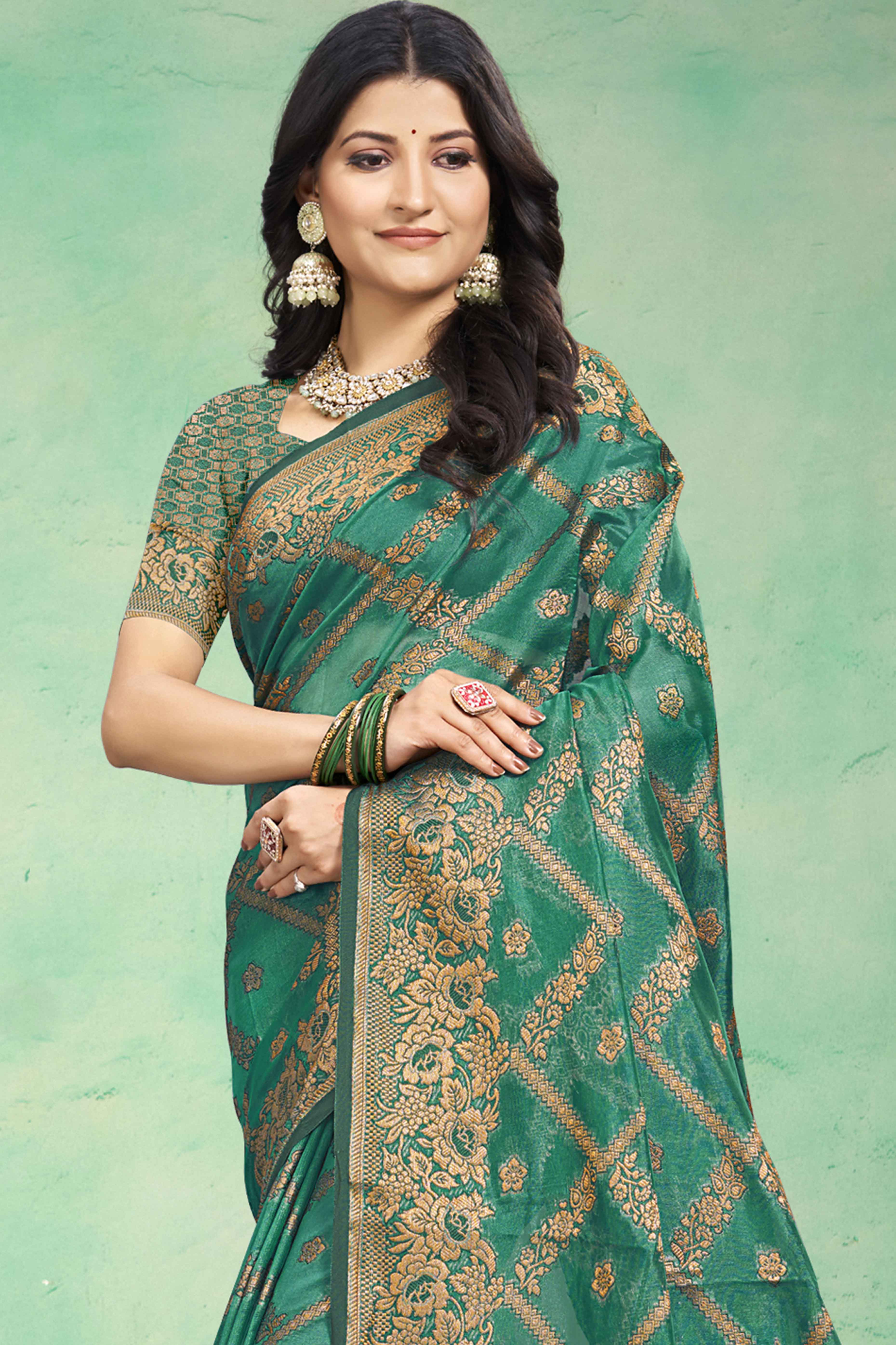 Rama Green Floral Woven Cotton Silk Saree