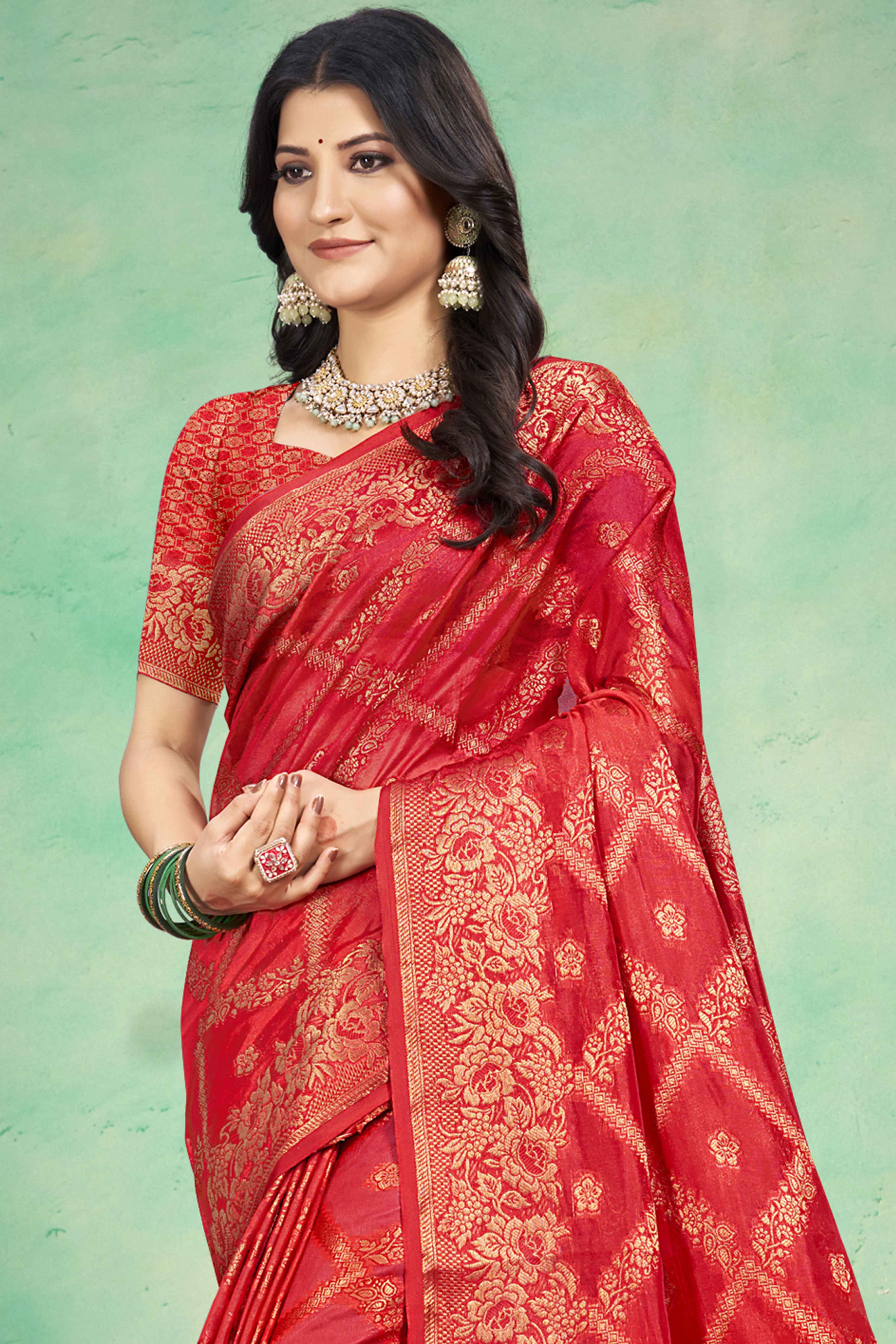 Red Floral Woven Cotton Silk Saree