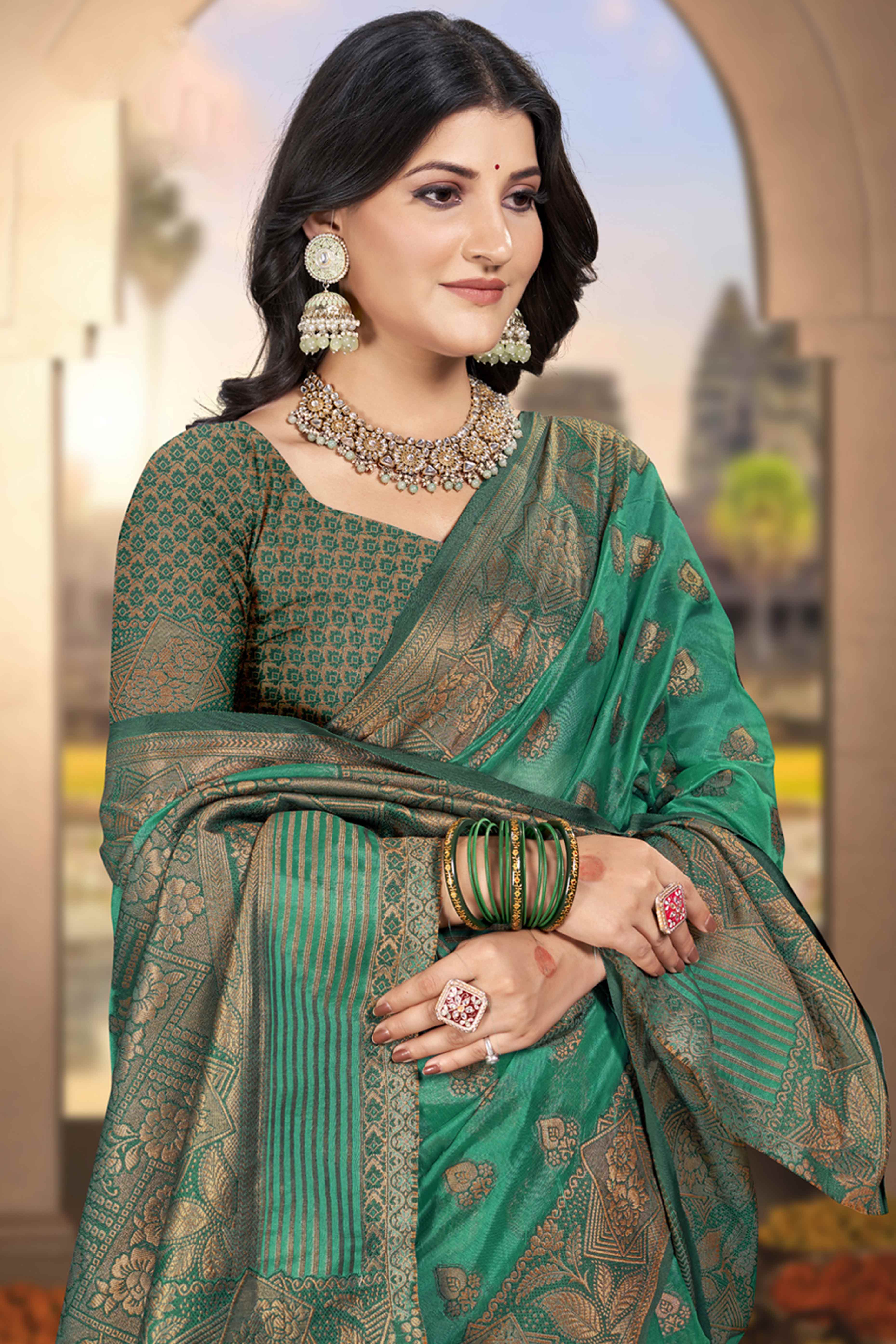 Rama Green Floral Woven Cotton Silk Saree