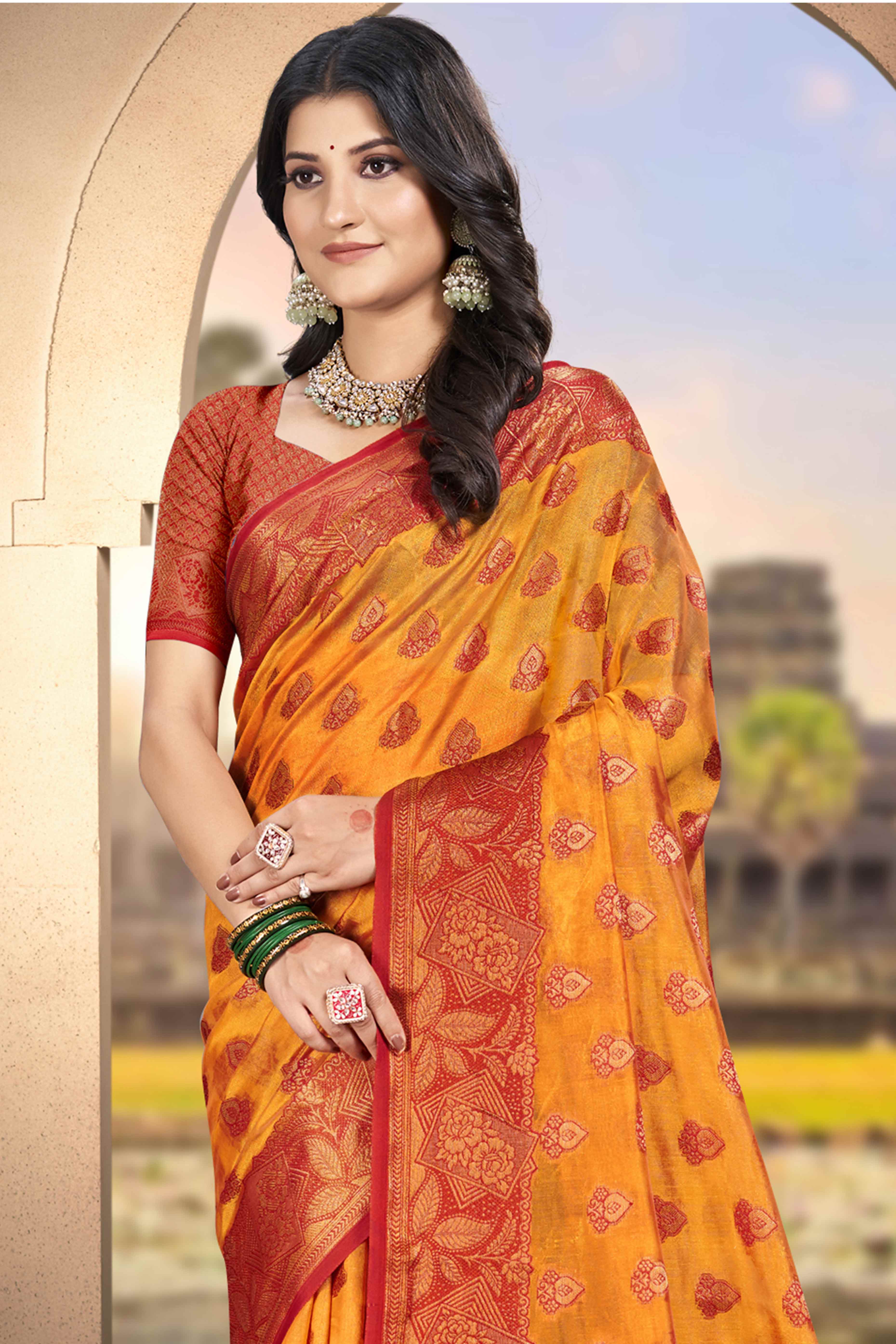 Mustard Floral Woven Cotton Silk Saree