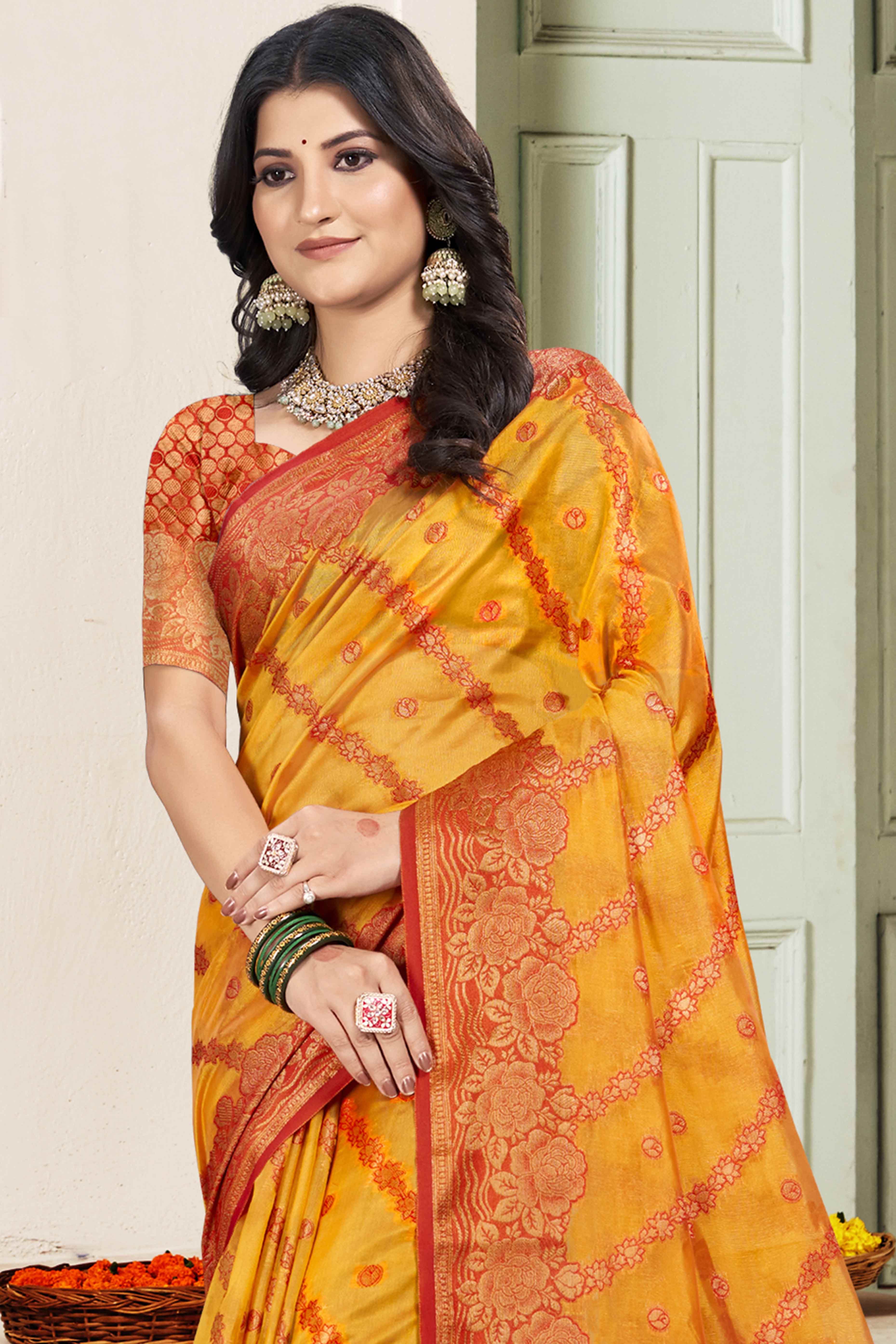 Yellow Floral Woven Cotton Silk Saree