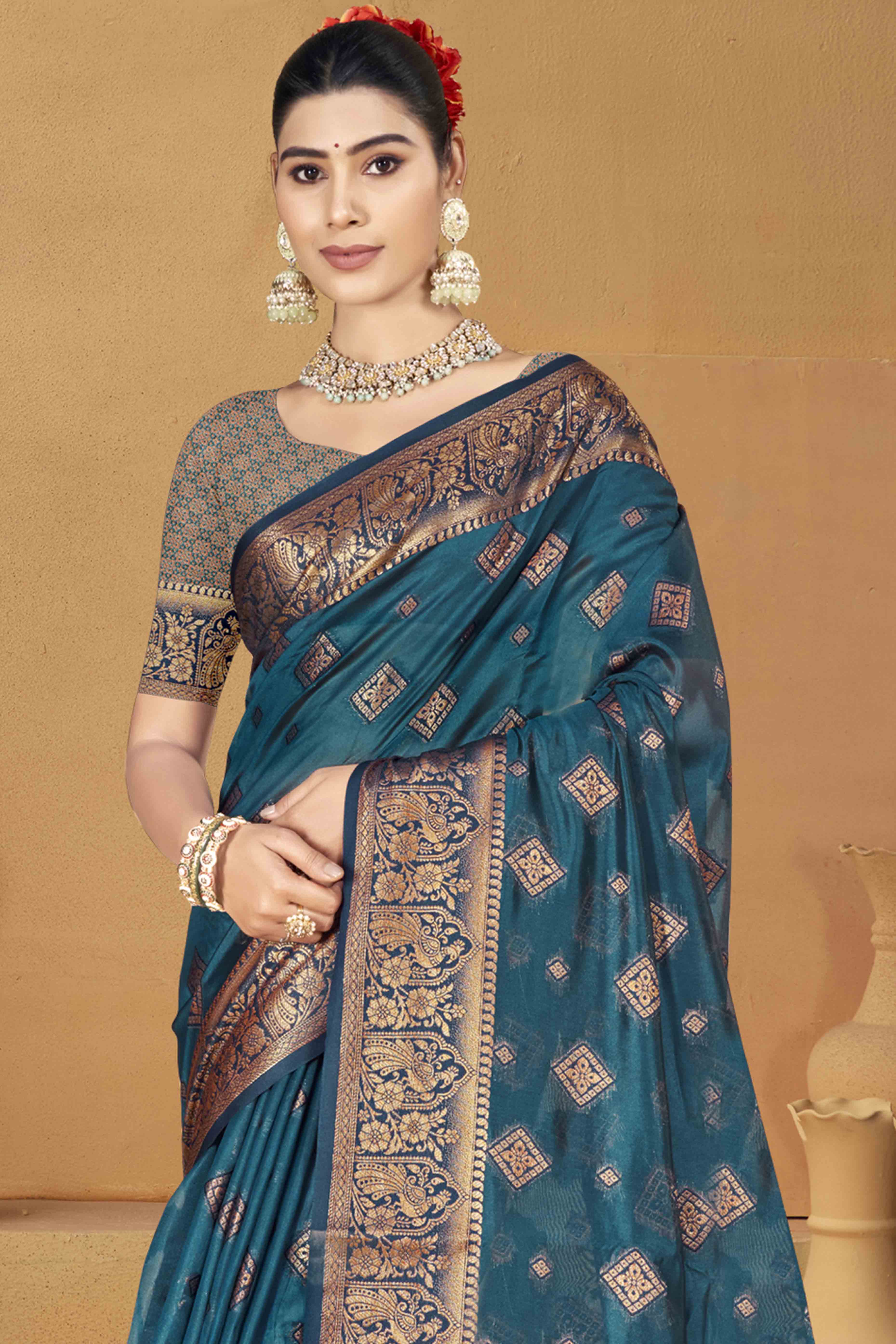 Blue Floral & Peacock Pattern Zari Woven Banarasi Silk Saree