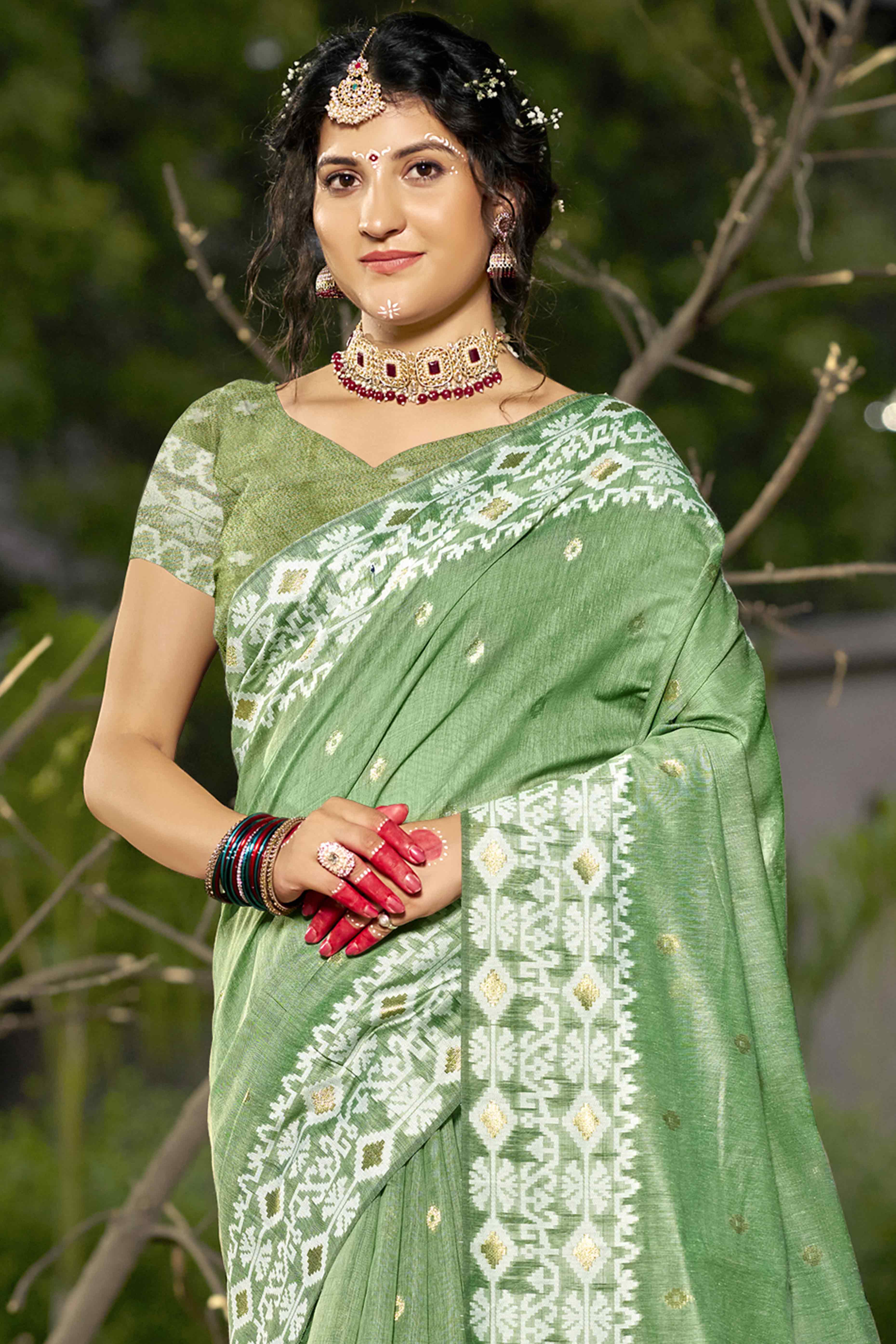 Green Woven Linen Cotton Saree With Tassels