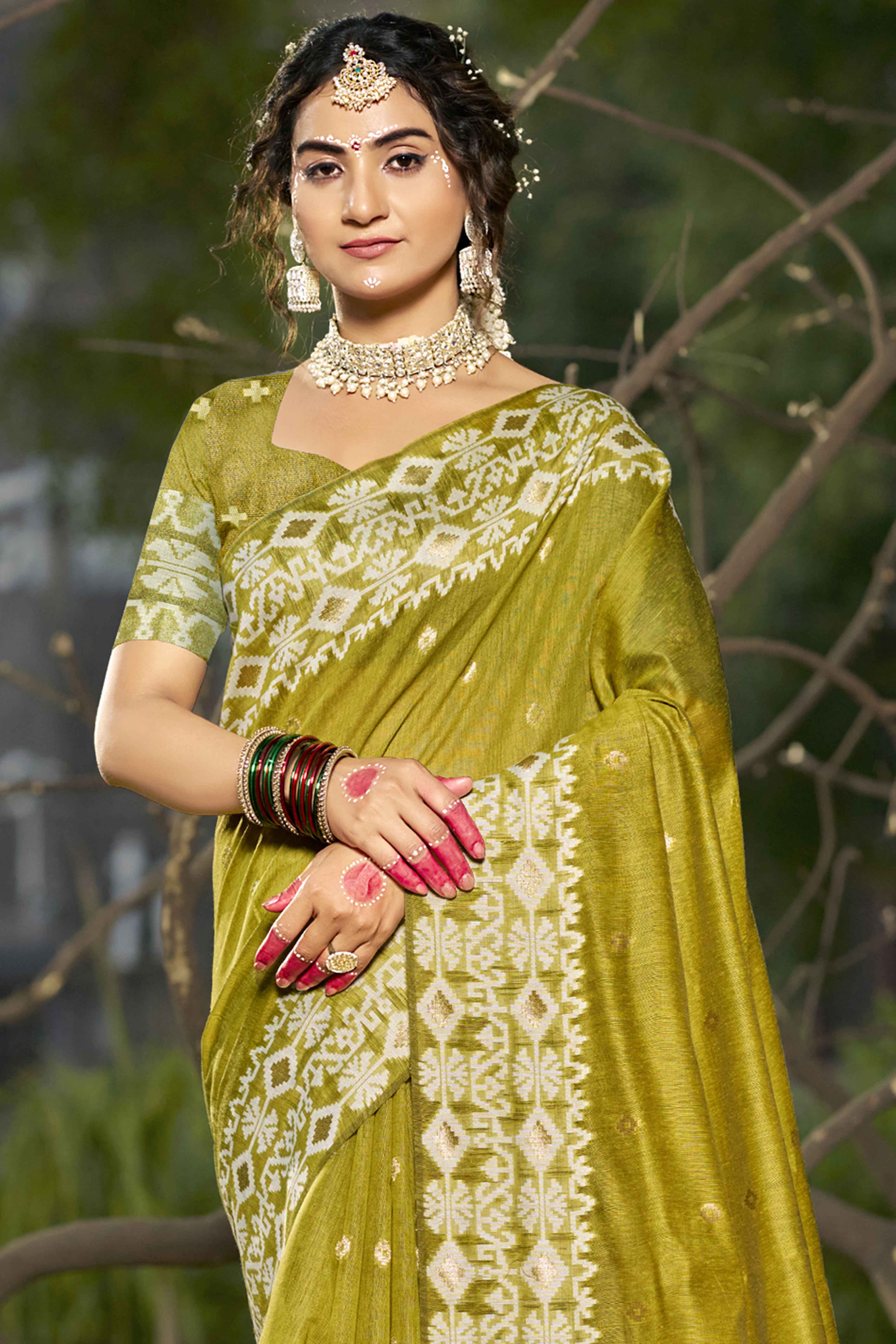 Olive Woven Linen Cotton Saree With Tassels
