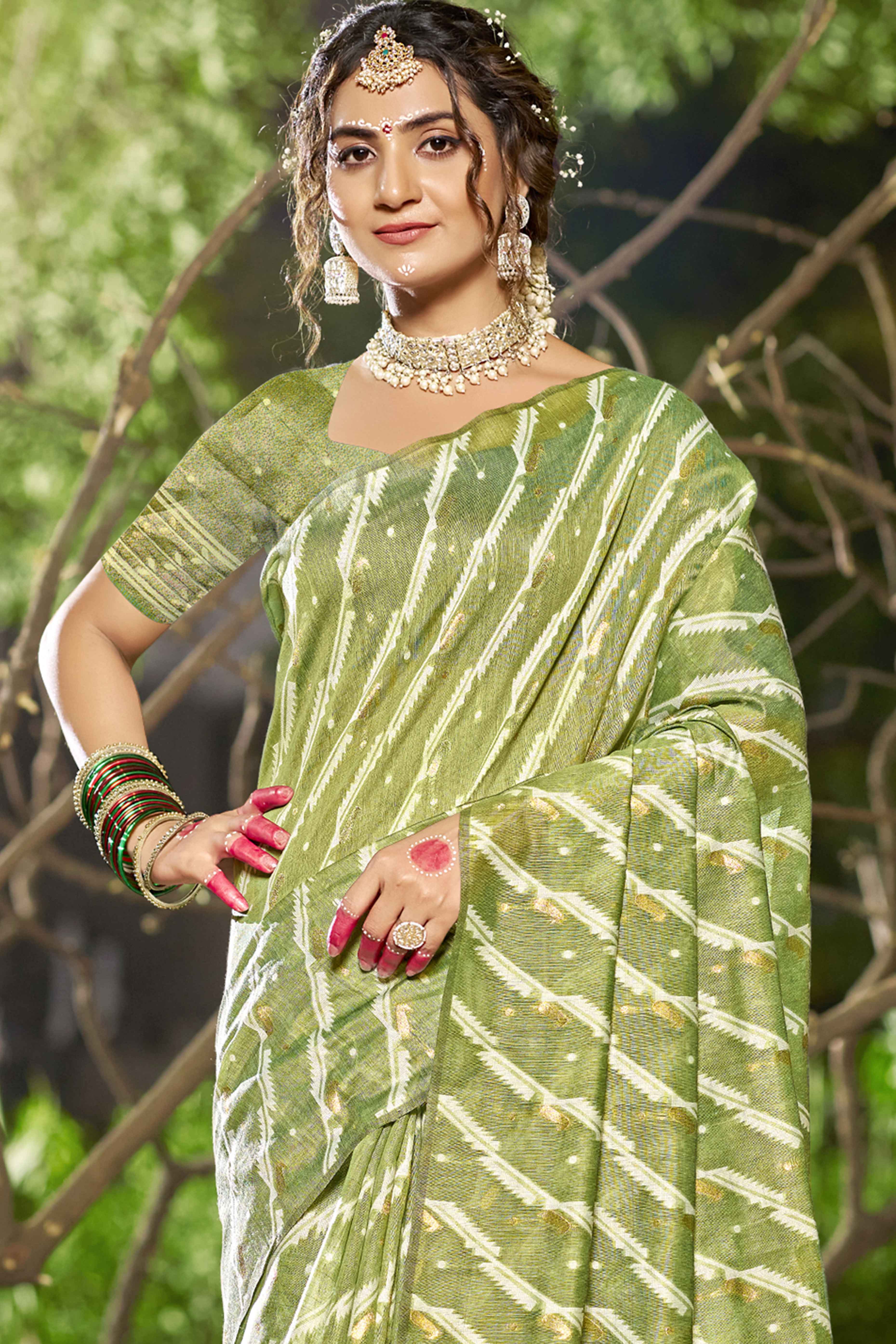 Green Printed With Woven Linen Cotton Saree With Tassels