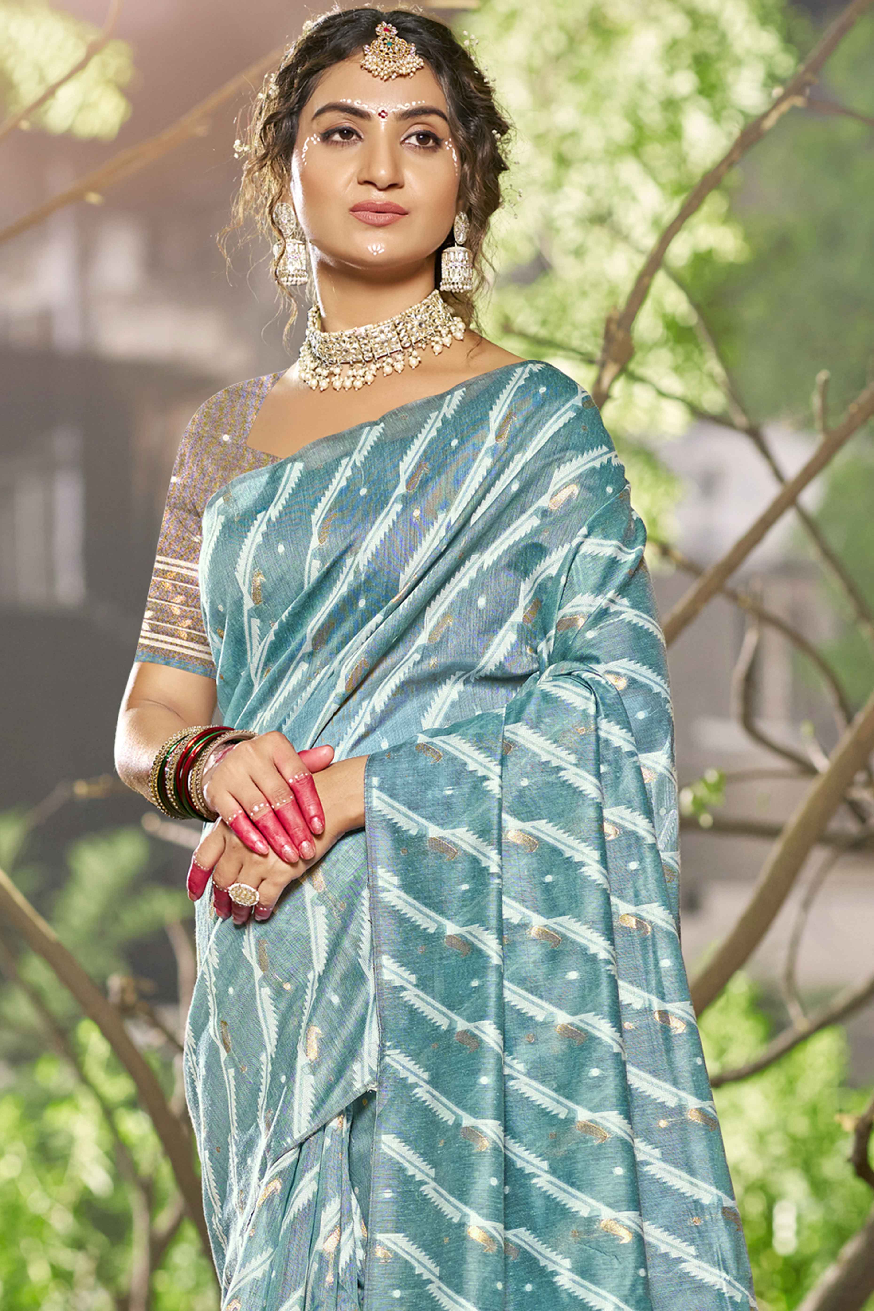 Blue Printed With Woven Linen Cotton Saree With Tassels