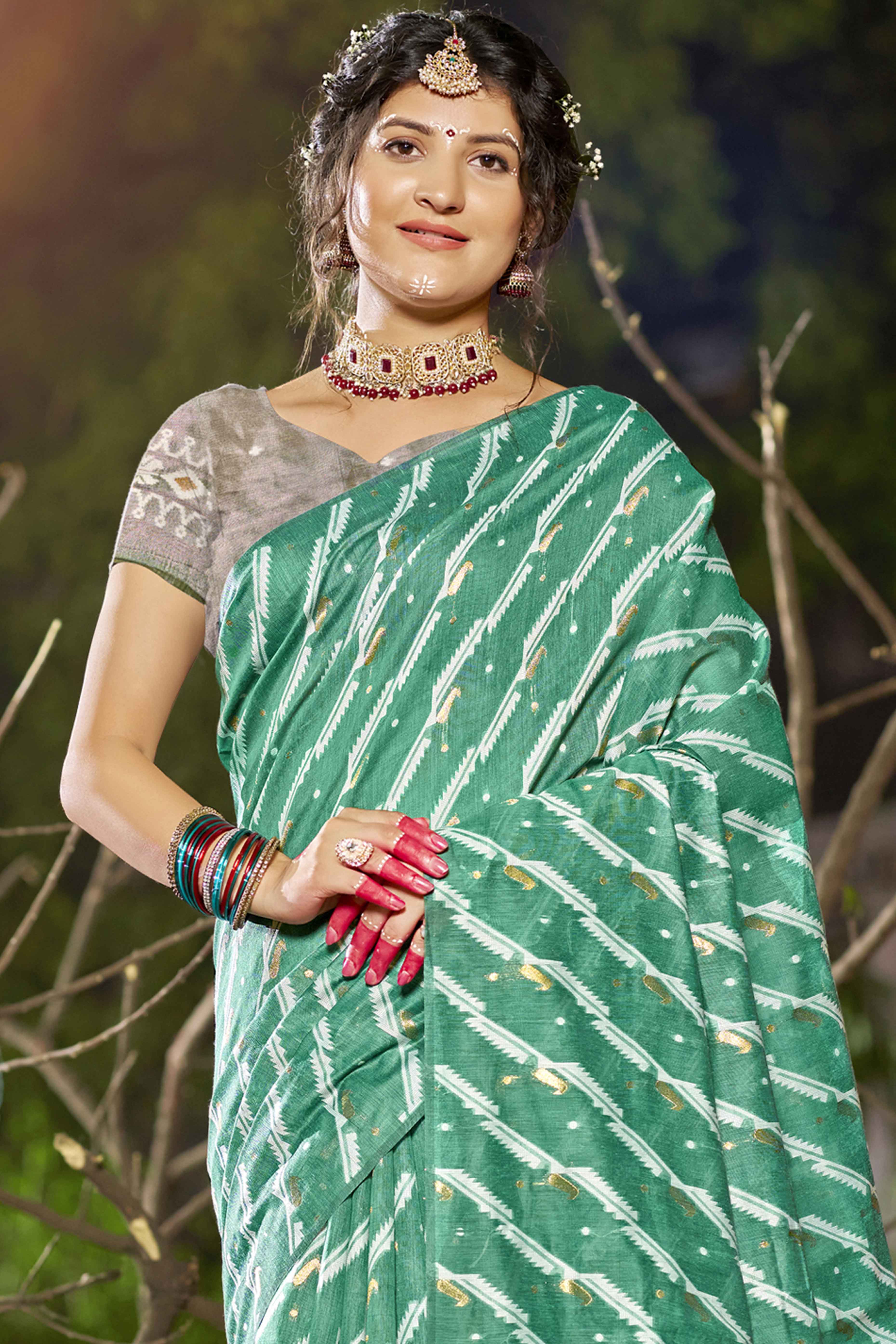 Rama Green Printed With Woven Linen Cotton Saree With Tassels