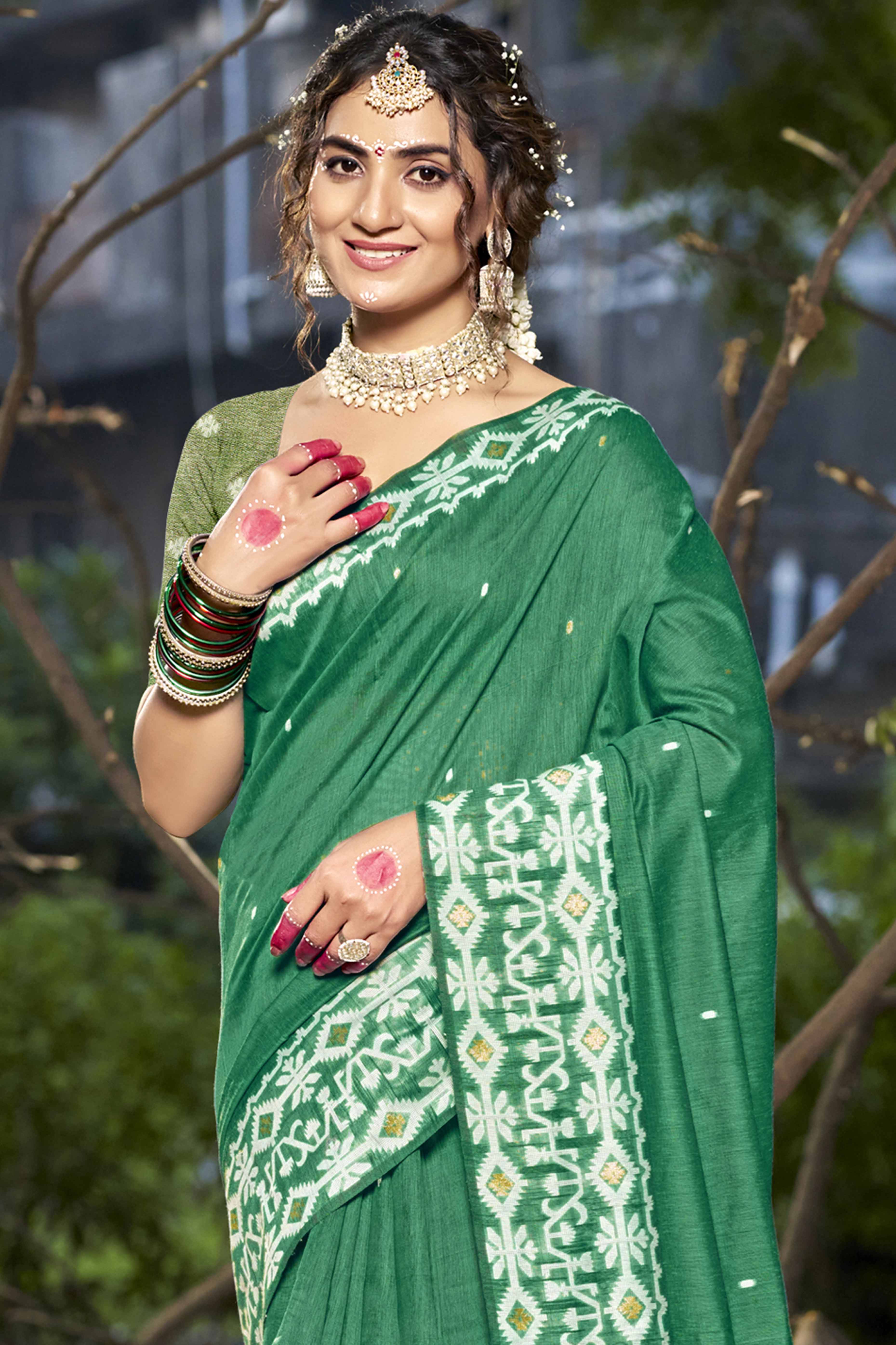 Green Woven Linen Cotton Saree With Tassels