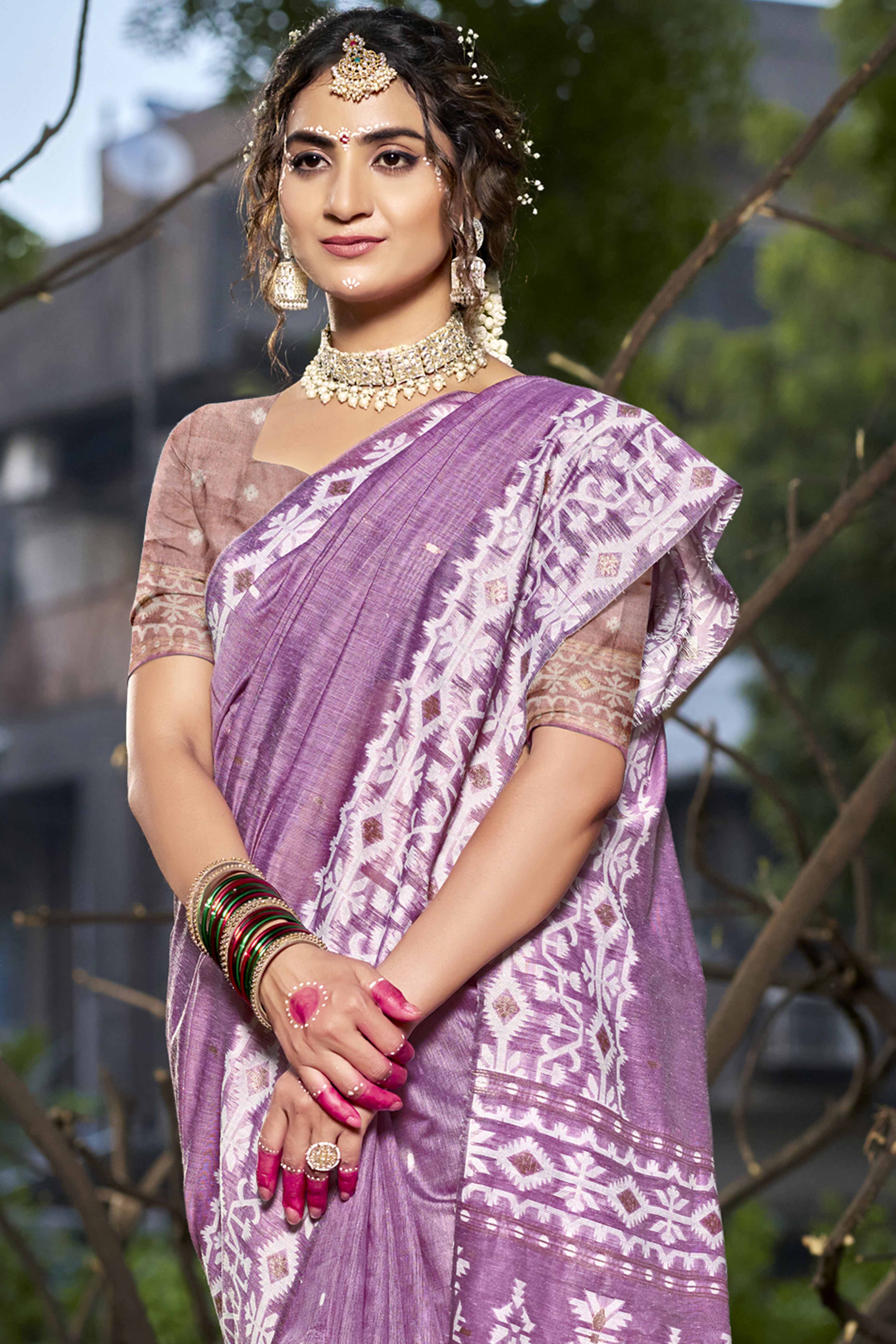 Purple Woven Linen Cotton Saree With Tassels