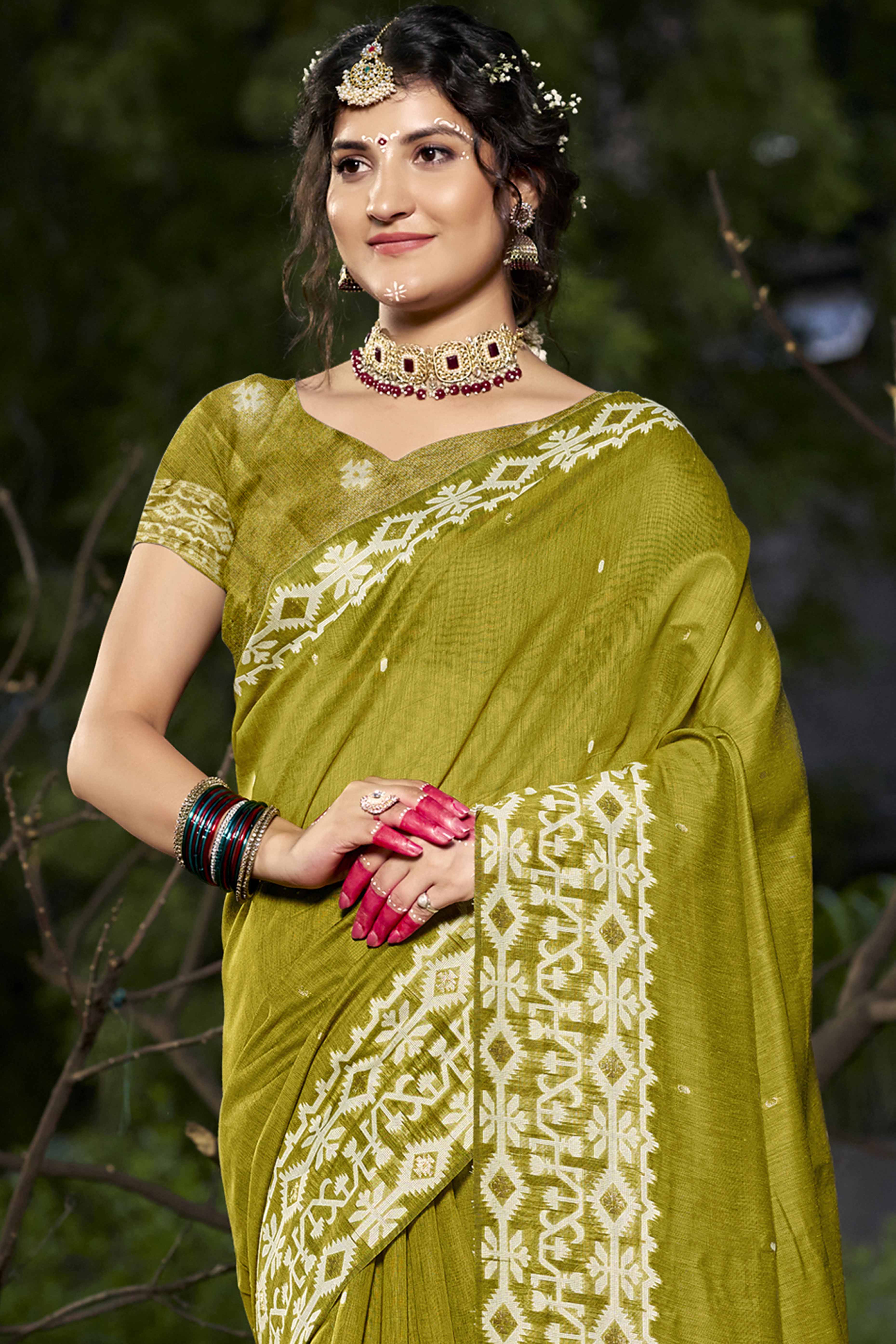 Olive Woven Linen Cotton Saree With Tassels