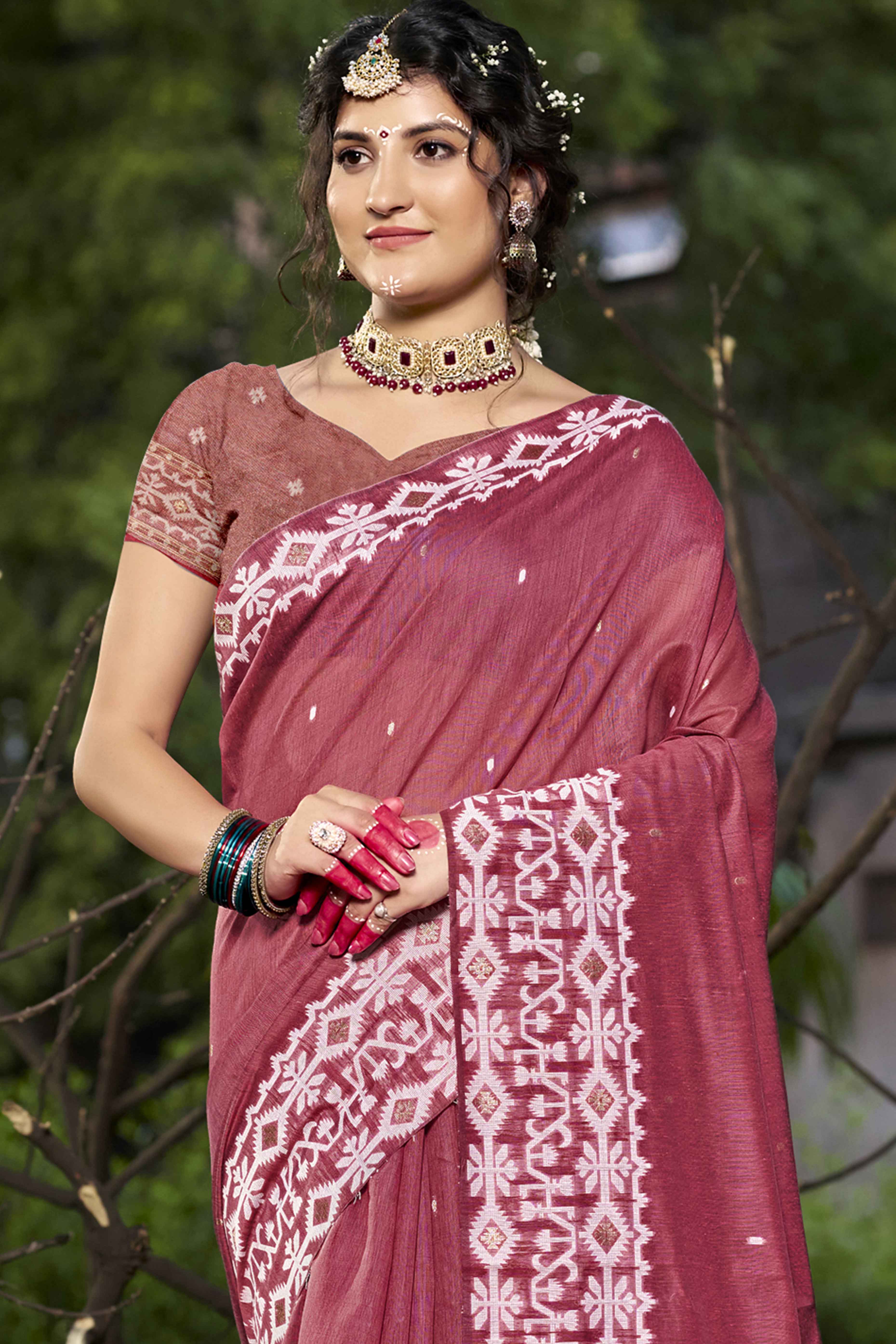 Dark Rose Pink Woven Linen Cotton Saree With Tassels